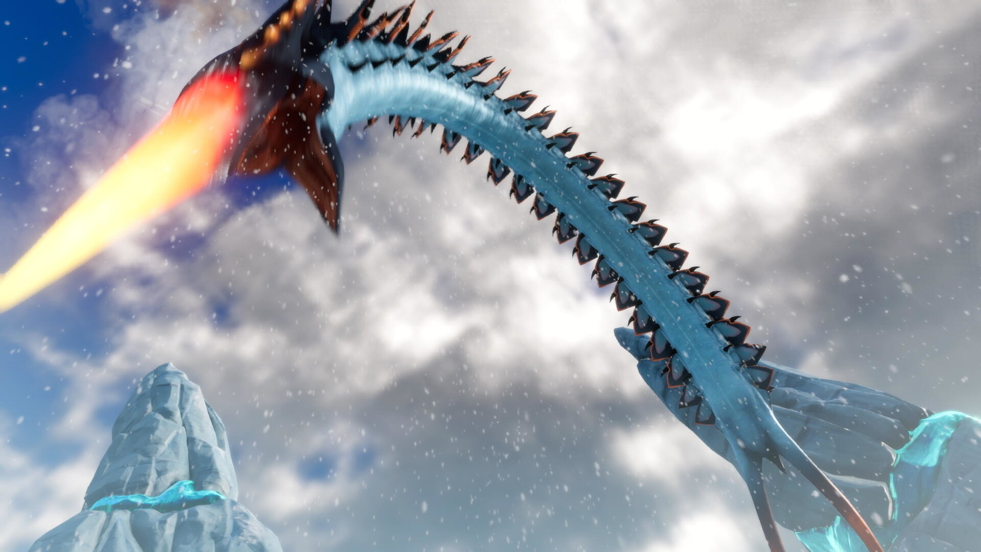 Stworzenie podobne do smoka z ognistym wybuchem nadlatuje z nieba. W tle pada śnieg.