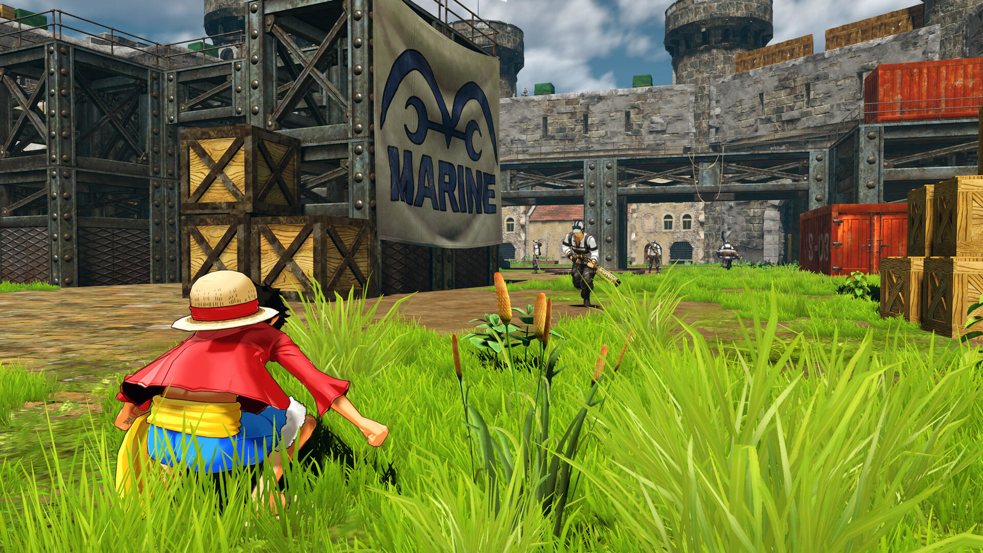 Luffy aus One Piece, in der Nähe eines Marine-Banners, Gegnern in einem befestigten Bereich zugewandt.