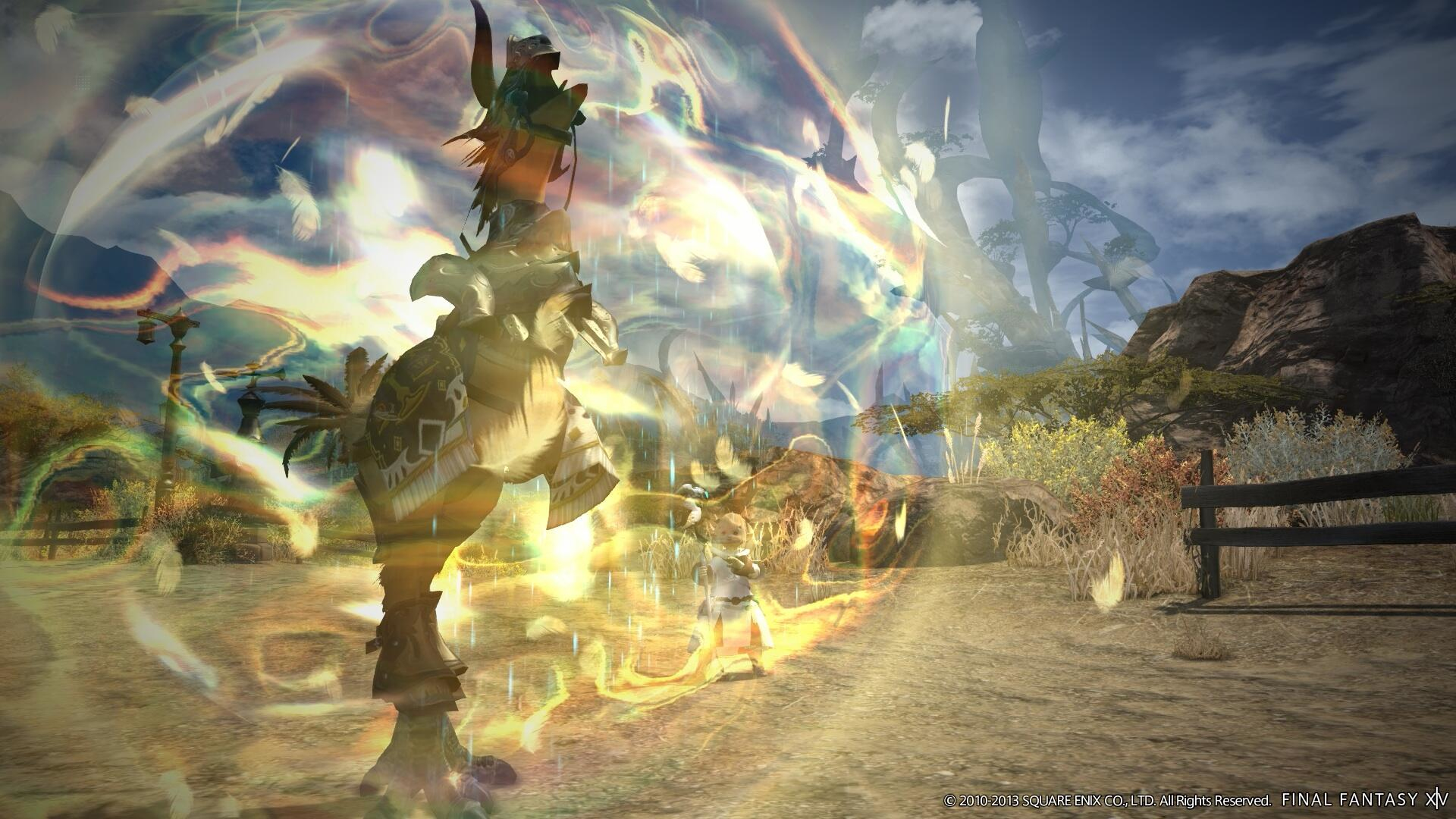 Ein Chocobo-Charakter mit einer Person, mit leuchtender Aura auf einem Feld.