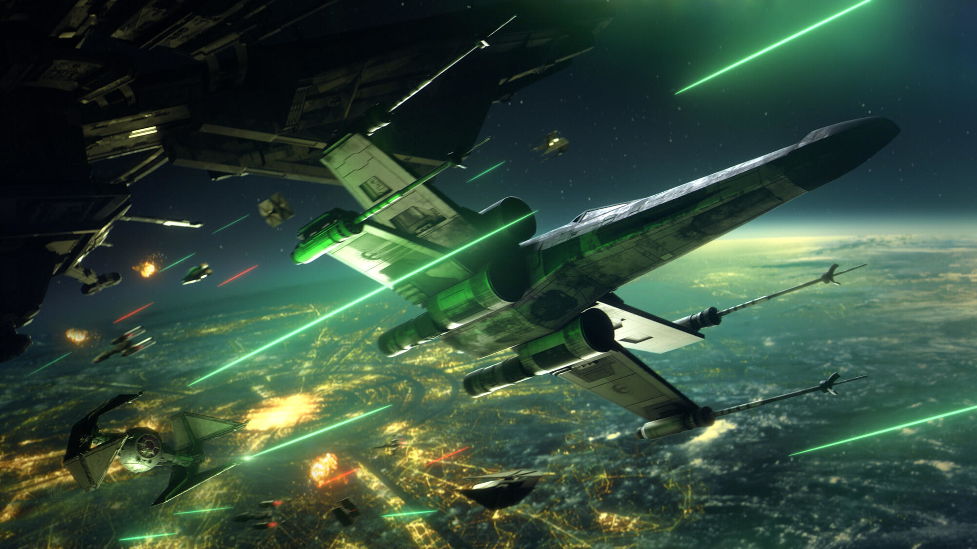 Star Wars Szene von X-Wings, die durch den Weltraum fliegen, Laserfeuer und eine Stadtlandschaft unten.