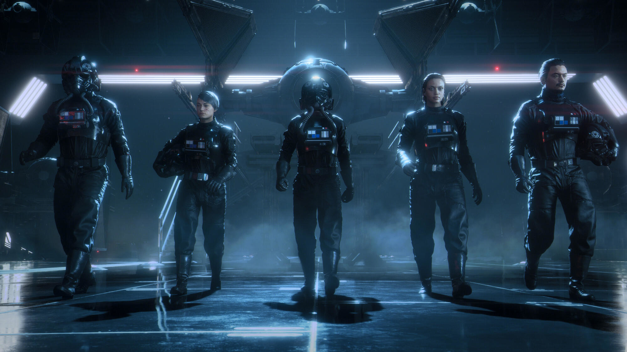 Star Wars-Charaktere in schwarzen Anzügen stehen in einem Hangar. Futuristisches Fahrzeug im Hintergrund.