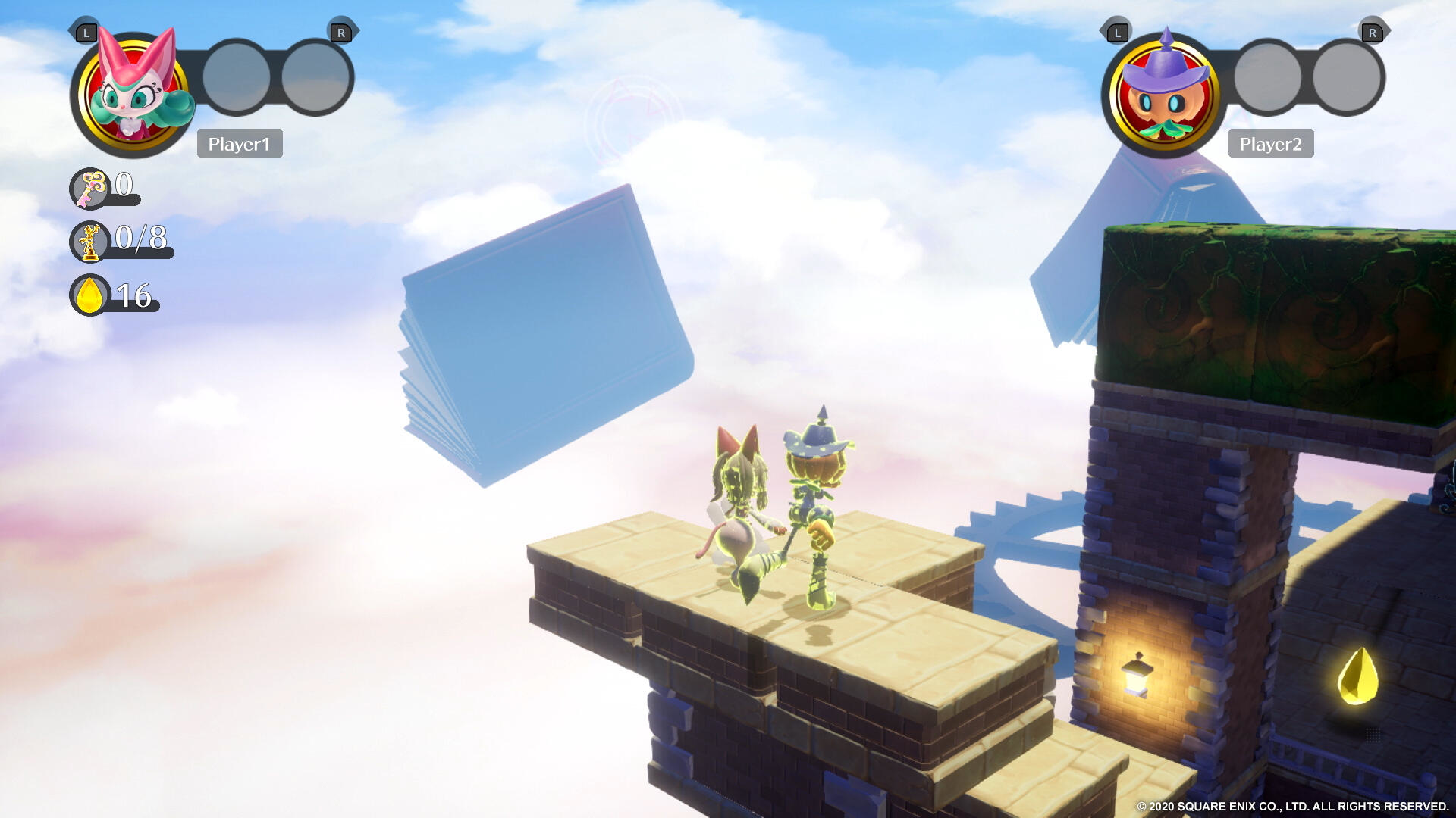 Dwie postacie z kreskówek na platformie w niebiańskim świecie. Jeden z kapeluszem, drugi z szalikiem.