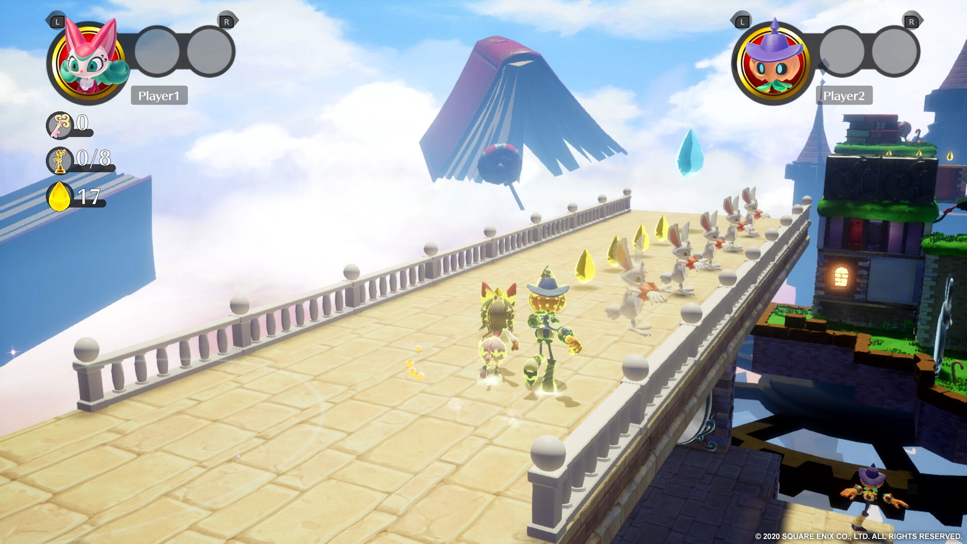 Dwie postacie z kreskówek na moście. Jeden nosi kapelusz, drugi szalik. Platformy i duża książka unoszą się w powietrzu.