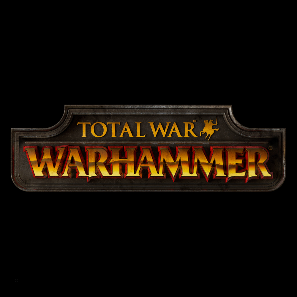 Total War: Warhammer Logo auf schwarzem Hintergrund, goldener Text.
