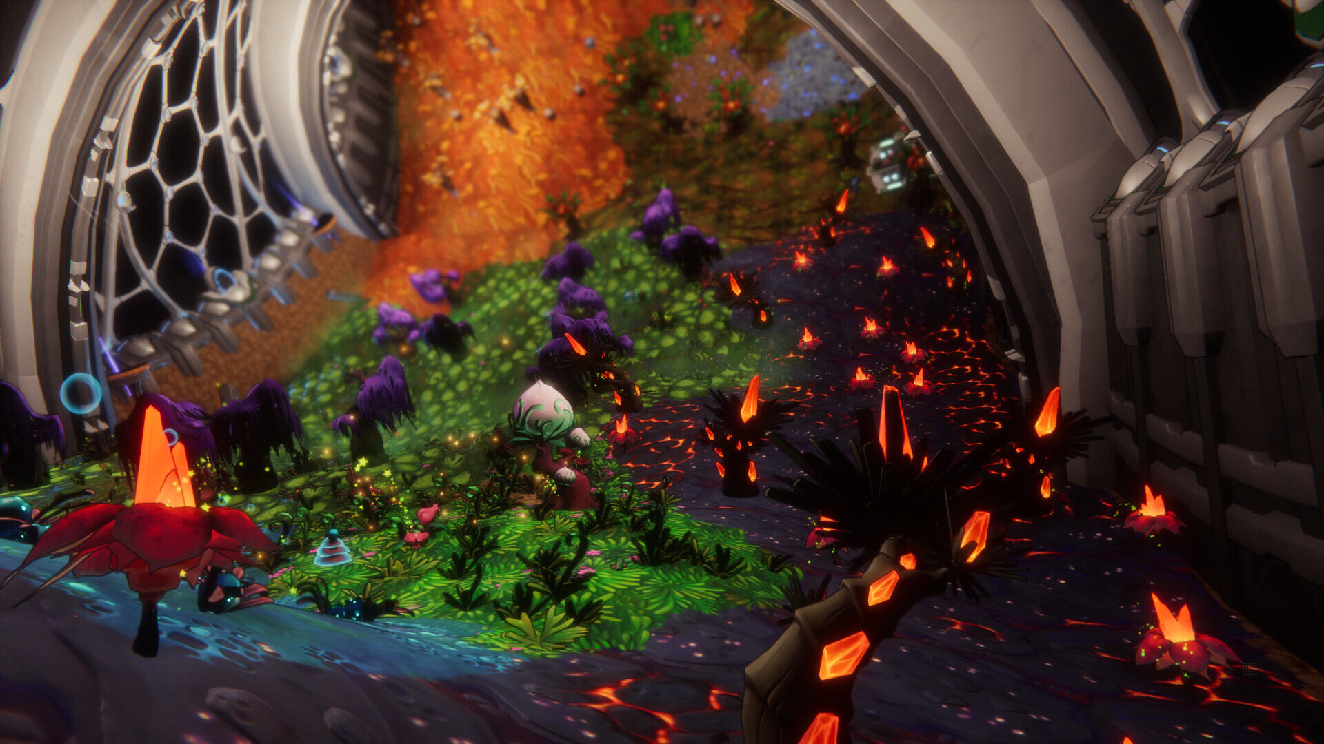 Widok z góry na kolorowy obcy krajobraz z lawą i roślinami. Widoczna futurystyczna architektura.