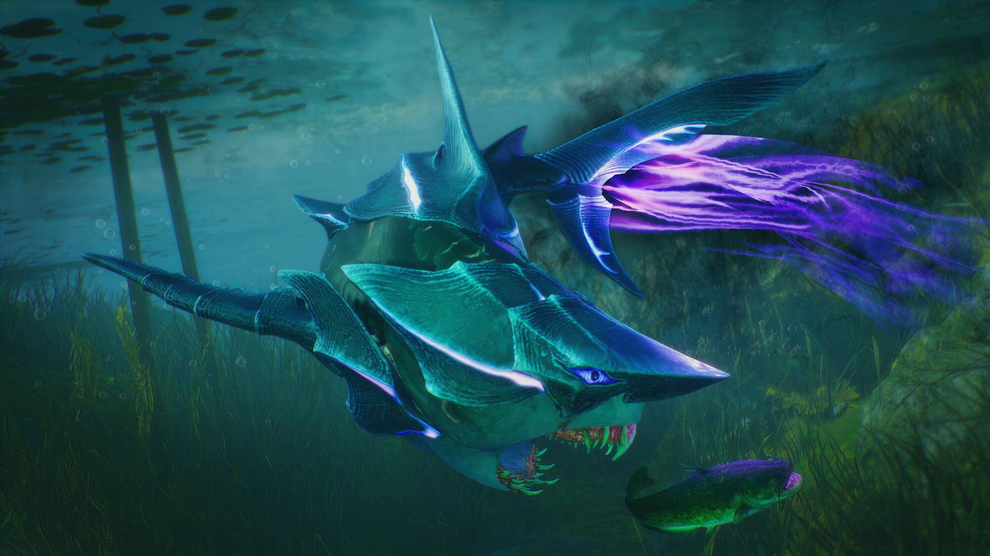Stworzenie podobne do rekina w wodzie z rybą. Fioletowe smugi energii. Zielone środowisko podwodne.