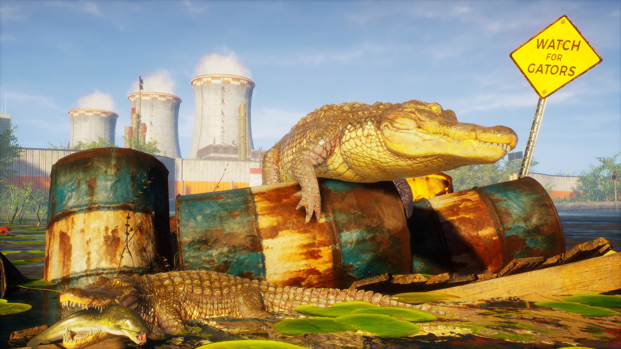Aligatory na brzegu rzeki w pobliżu budynków przemysłowych. Znak ostrzegawczy mówi "Uważaj na aligatory".