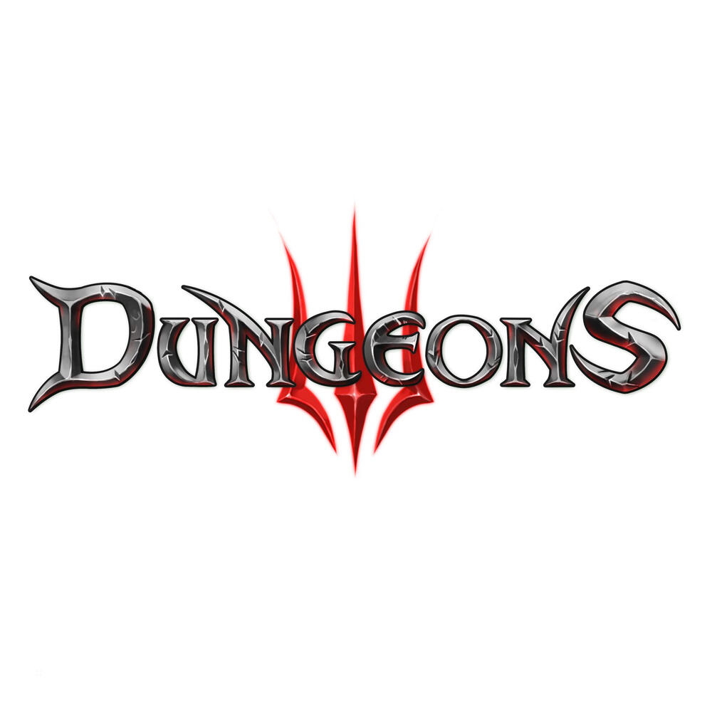 Logo gry Dungeons ze stylizowanym czerwonym trójzębem pośrodku.