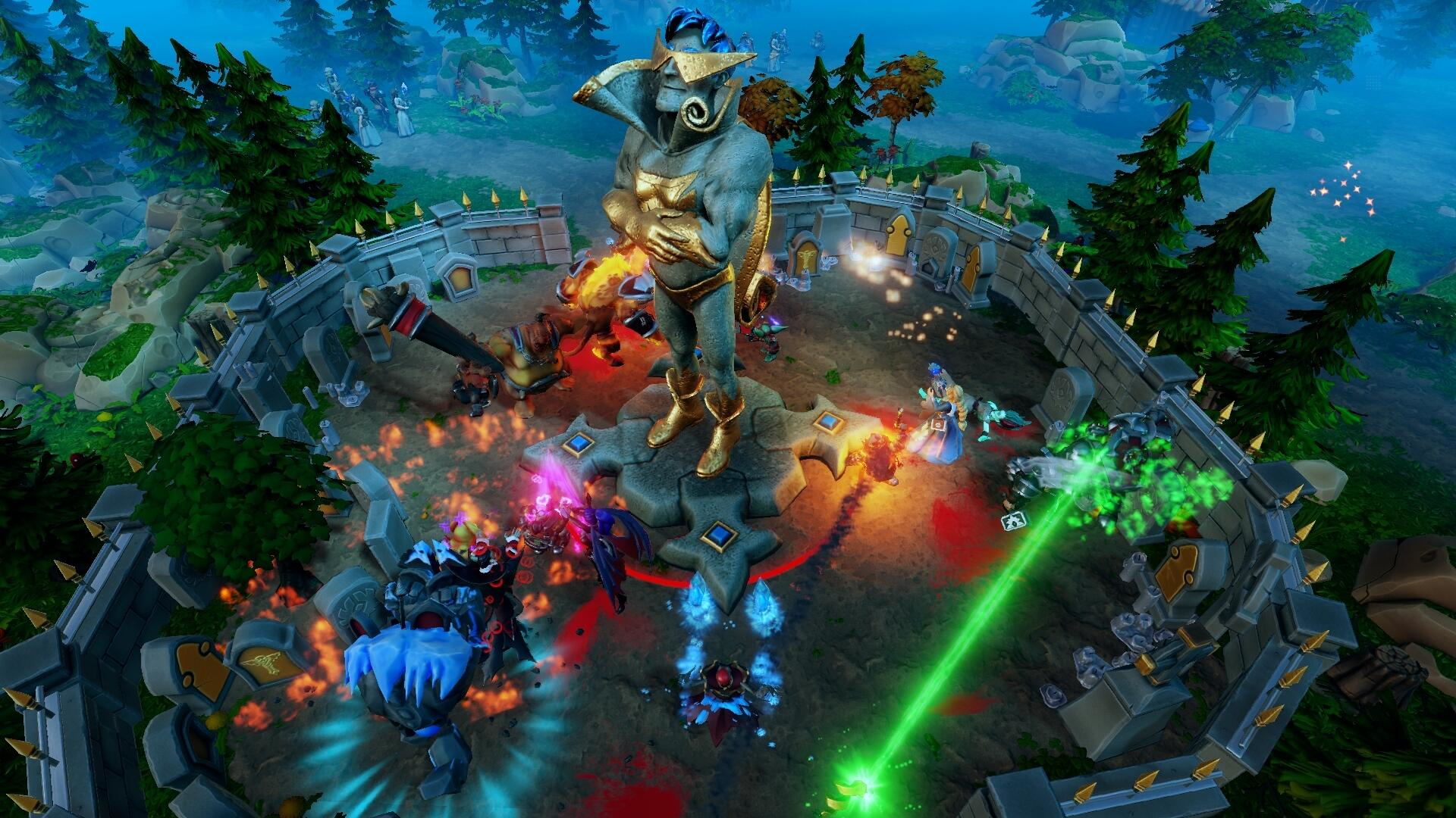 Scena z gry, posąg, walczące postacie i różne efekty wizualne.