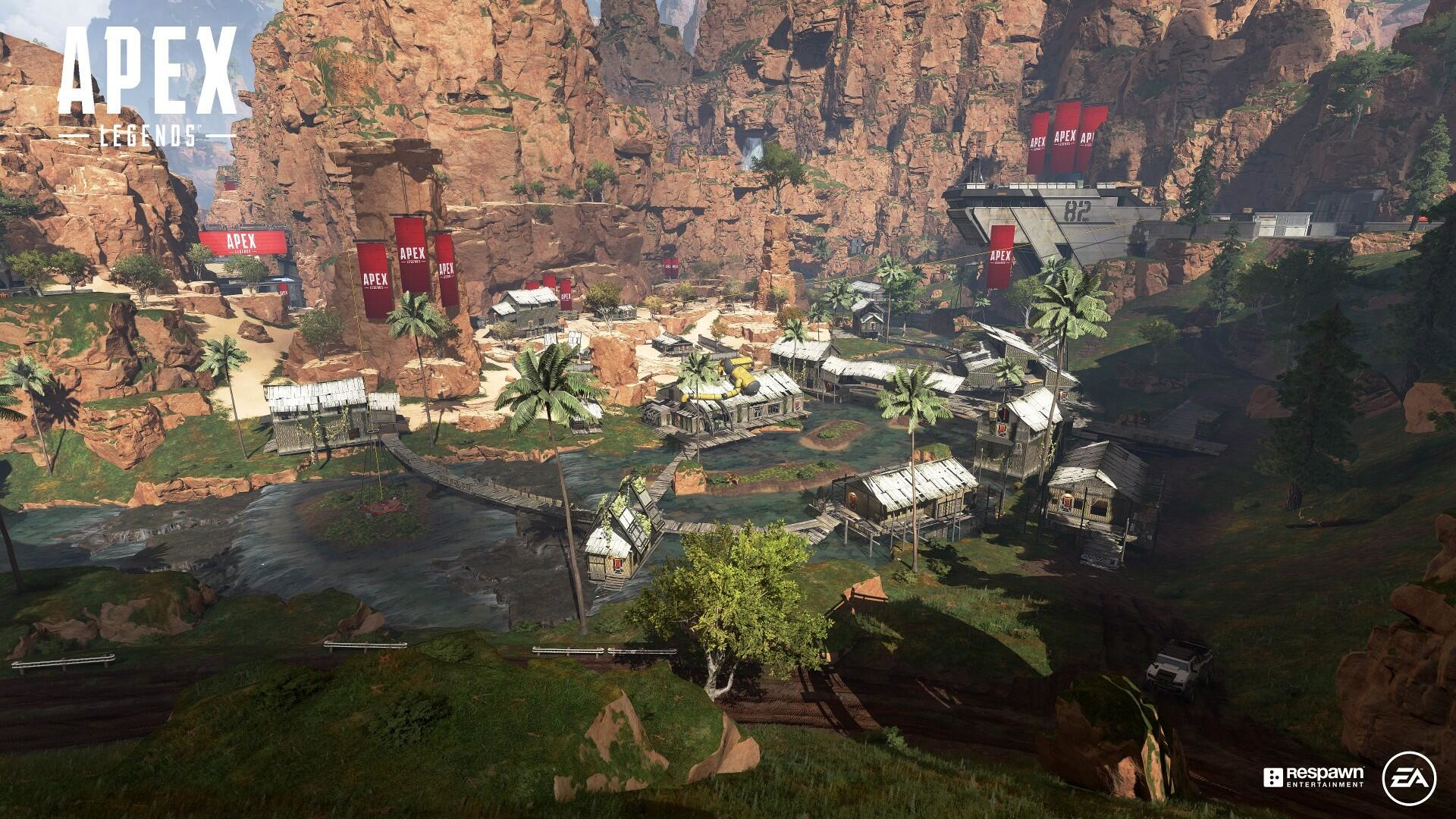 Mapa Apex Legends, szczegółowy widok z lotu ptaka na obszar przybrzeżny z budynkami.