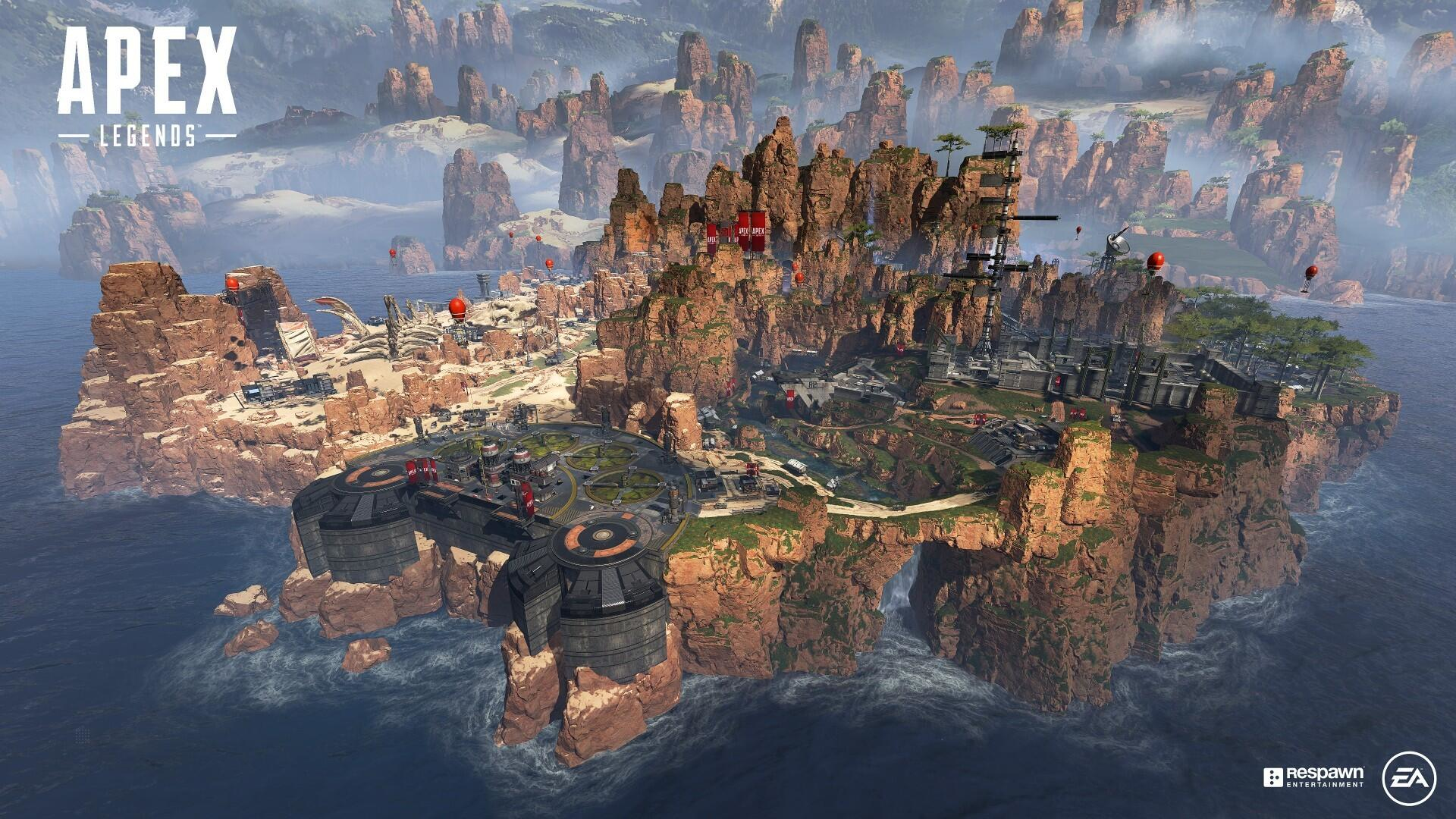 Mapa Apex Legends, podniesiona sceneria wyspy ze szczegółowym krajobrazem.
