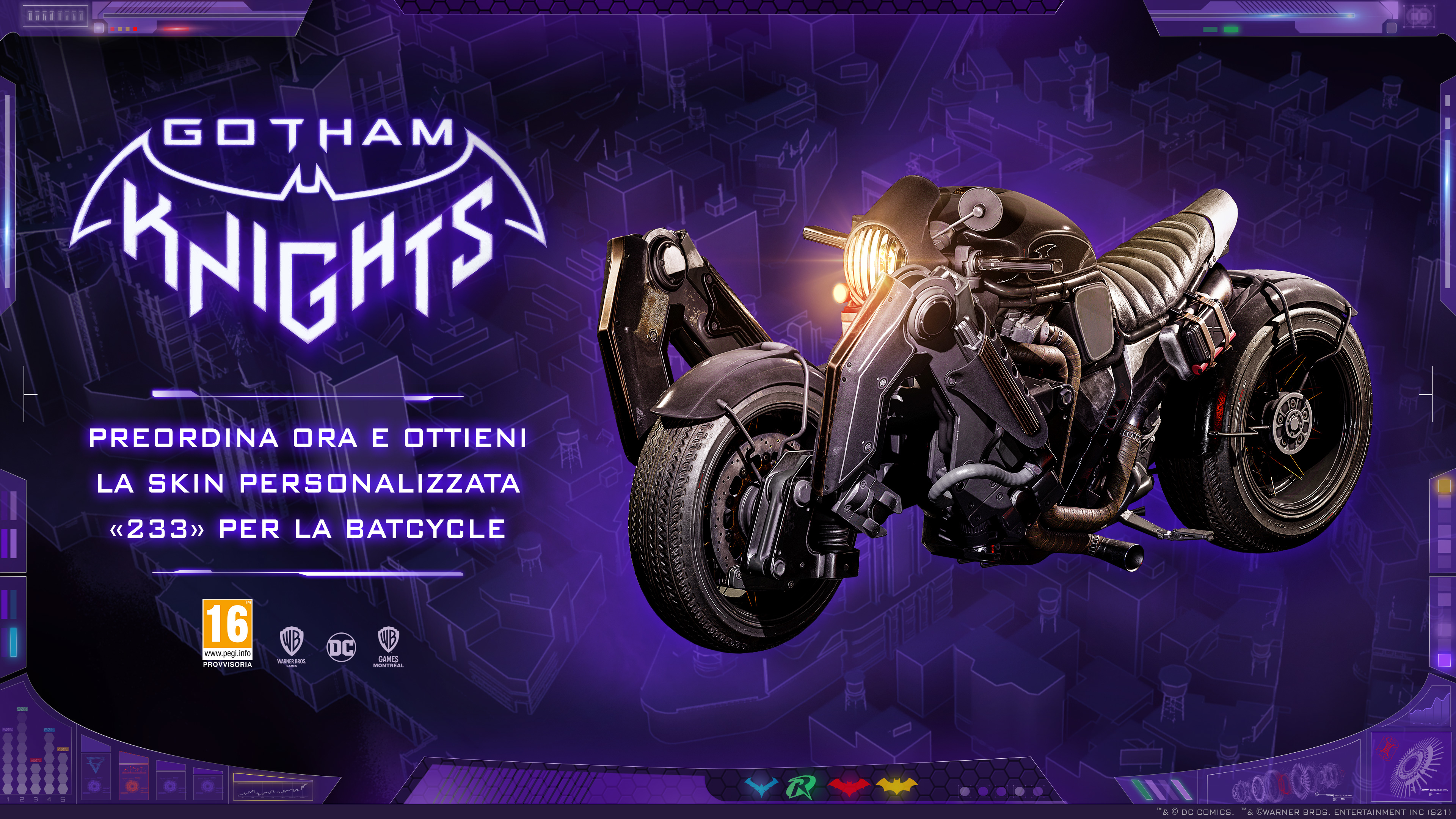 Reklama gry Gotham Knights z Batcycle na fioletowym tle.