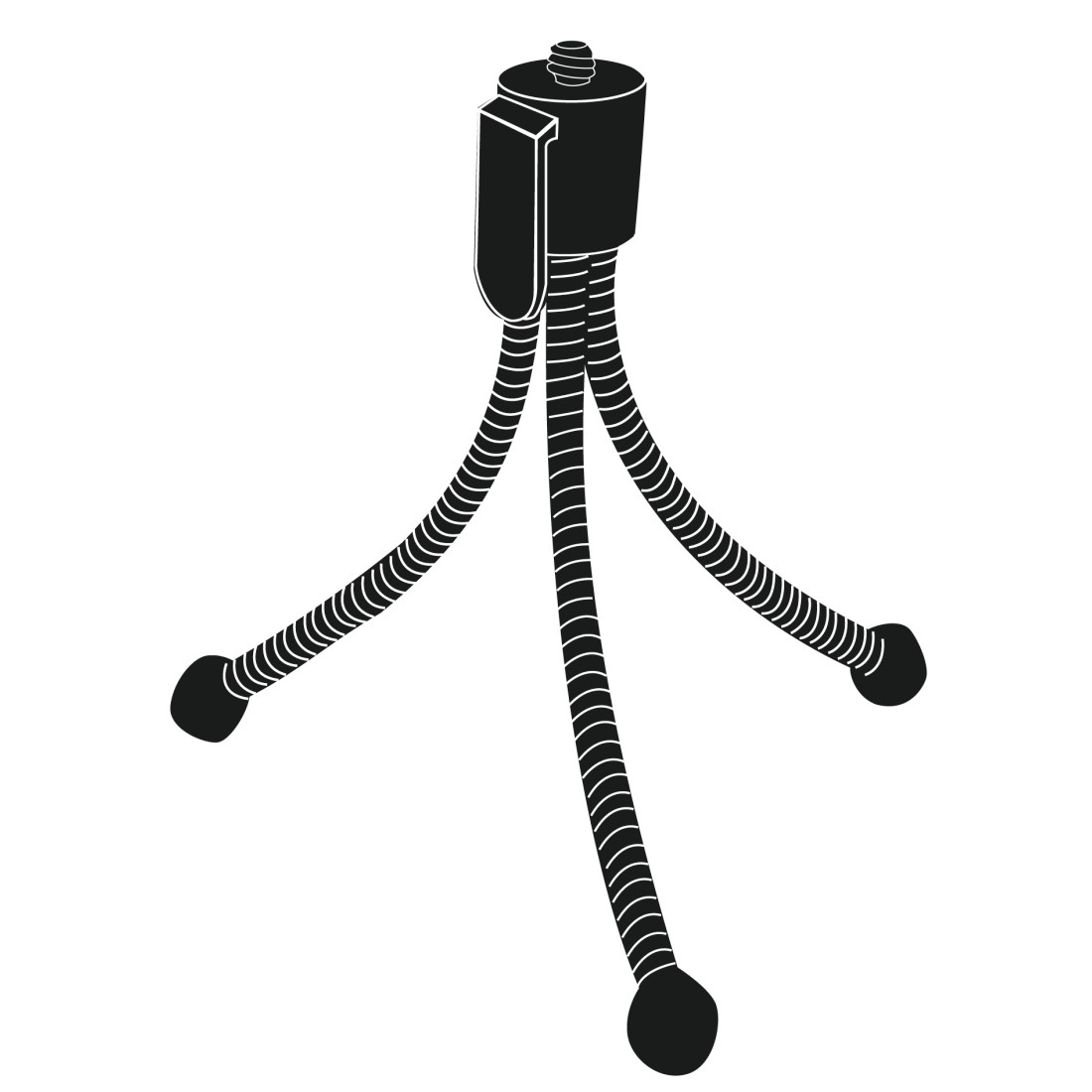 Czarna sylwetka statywu na białym tle. Trzy elastyczne nogi, mocowanie.