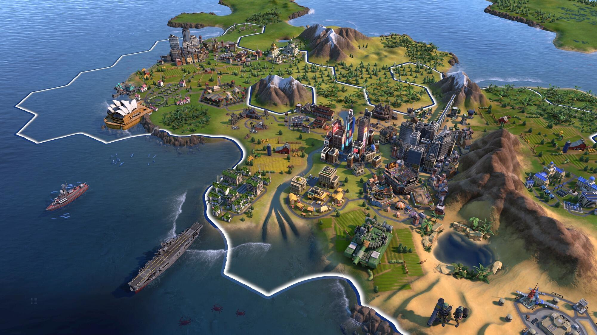 Widok z gry Civilization VI. Miasto nad morzem z górami w tle.