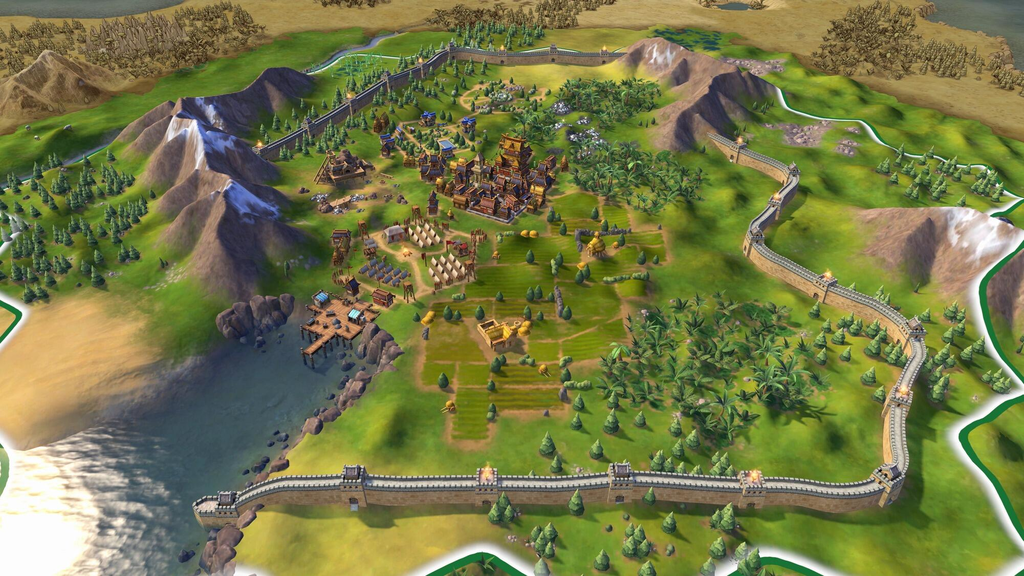 Widok z gry Civilization VI. Miasto wewnątrz murów, góry w tle.