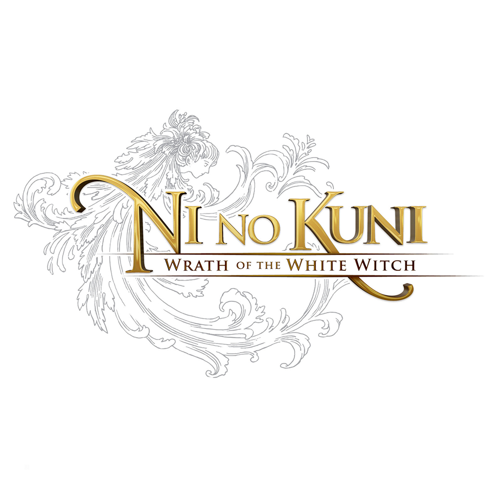 Logo gry Ni No Kuni. Kobieta z rozwianymi włosami w złotej ramie.