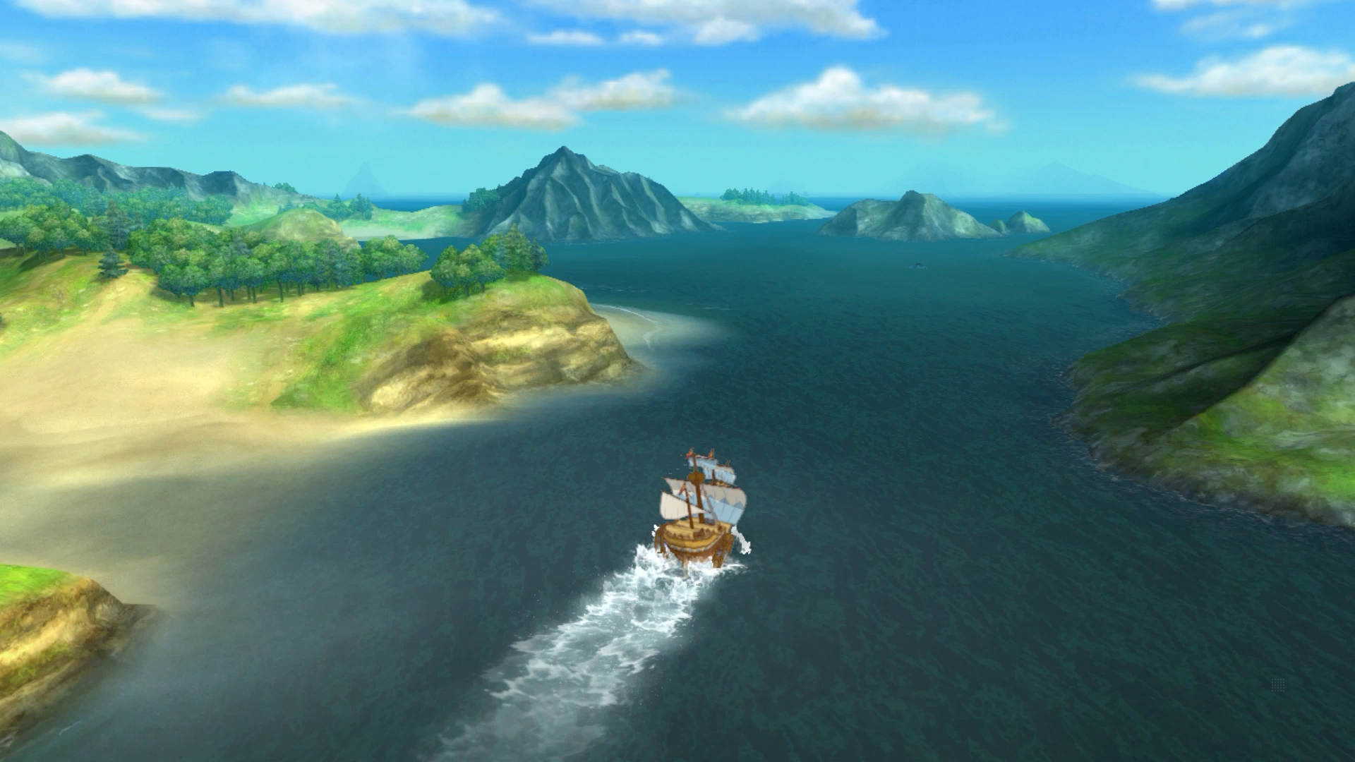 Statek płynący po wodzie w pobliżu wyspy z górami w tle.