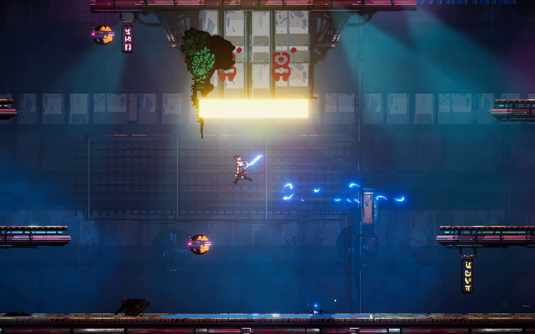 Postać w futurystycznym otoczeniu z mieczem skacze. Widoczne niebieskie ślady energii i neony.