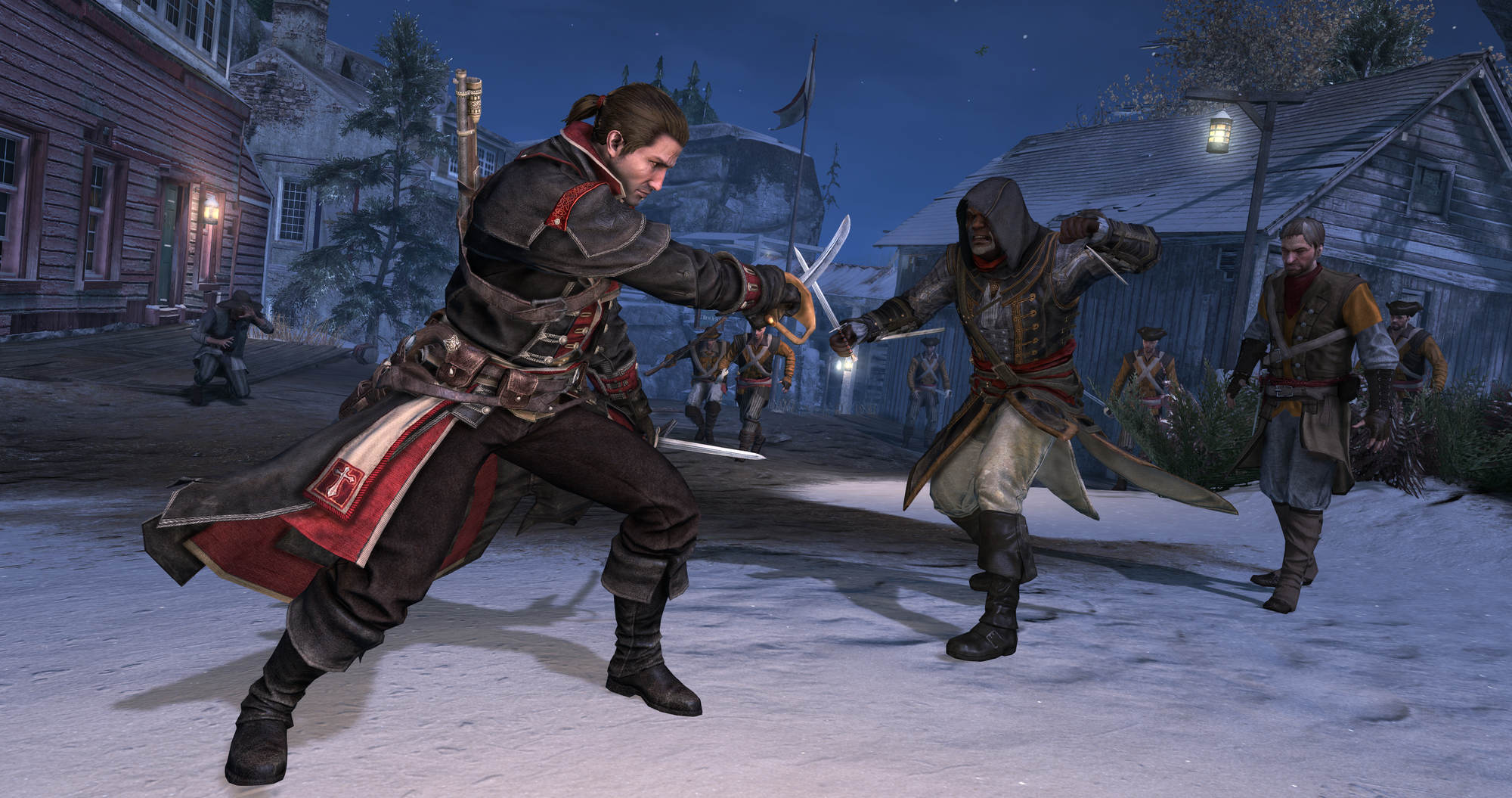 Scena walki na miecze w nocy. Dwóch mężczyzn z mieczami walczy przed tłumem.