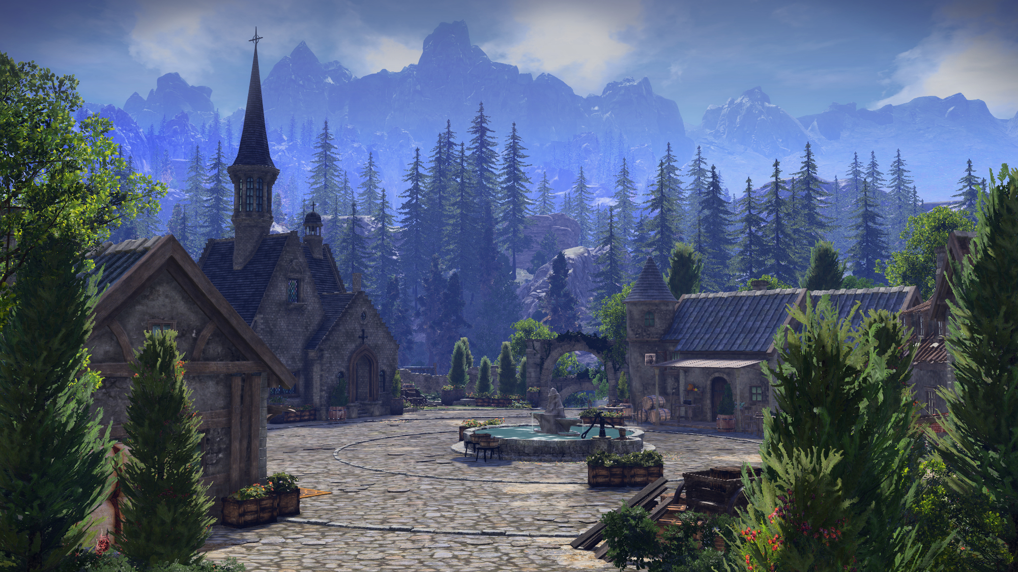 Plac wiejski z budynkami, kościołem i fontanną, z górami w tle.