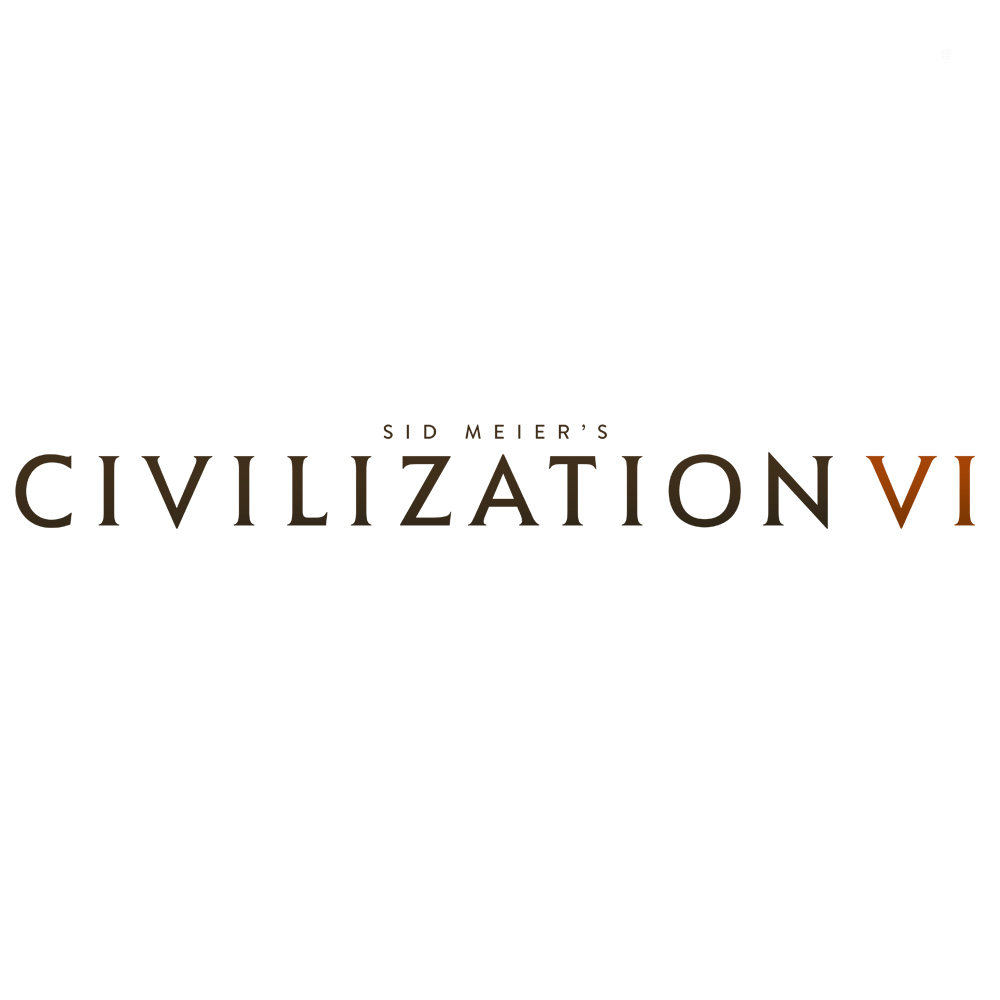 Logo Sid Meier's Civilization VI na białym tle. Brązowy i pomarańczowy tekst.