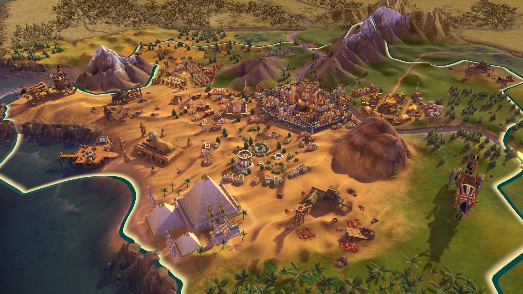 Miasto z różnymi budynkami i pojazdami wojskowymi na pustynnym terenie.