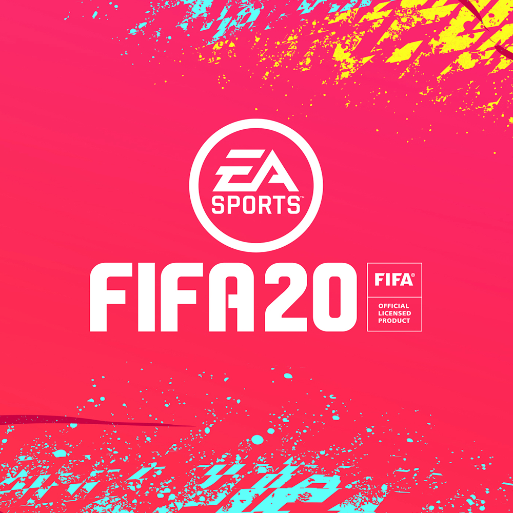 Logo FIFA 20 na różowym tle z rozpryskami. Obecne są loga EA Sports i FIFA.