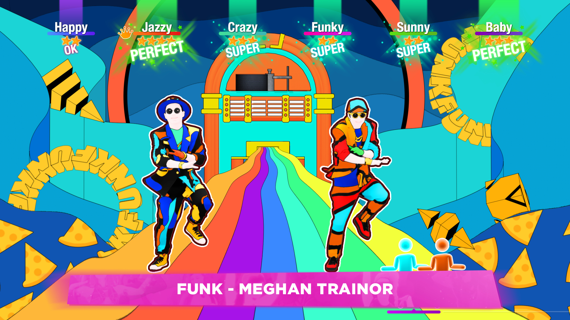 Zwei Tänzer in bunten Outfits auf einer Bühne mit dem Text 'Funk - Meghan Trainor'. Bunte Lichter und Formen.