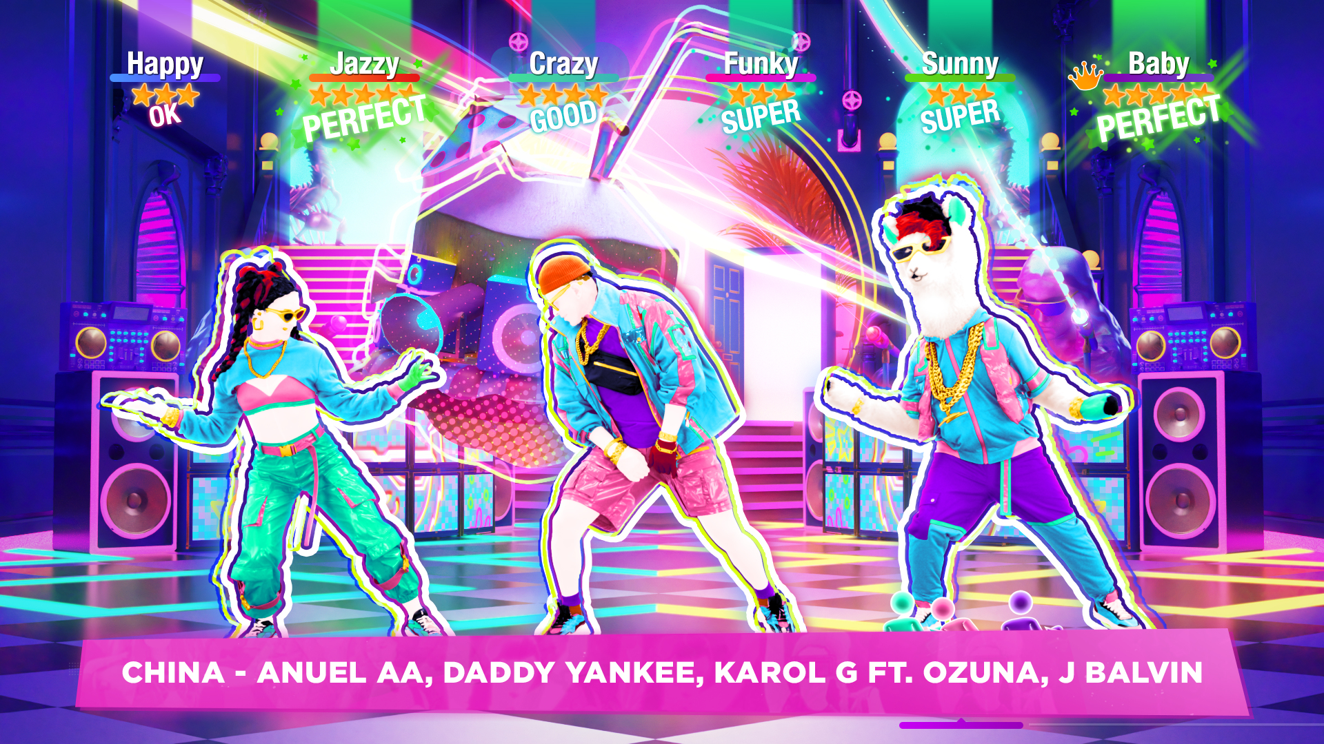 Drei Tänzer auf einer Bühne mit bunten Lichtern. Der Text lautet: 'CHINA - Anuel AA, DADDY YANKEE, KAROL G FT. OZUNA, J BALVIN'.