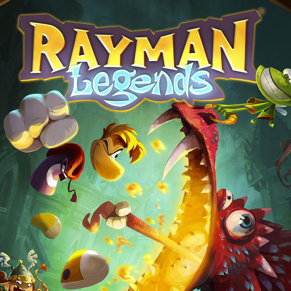 Okładka gry Rayman Legends z Raymanem i kilkoma postaciami.