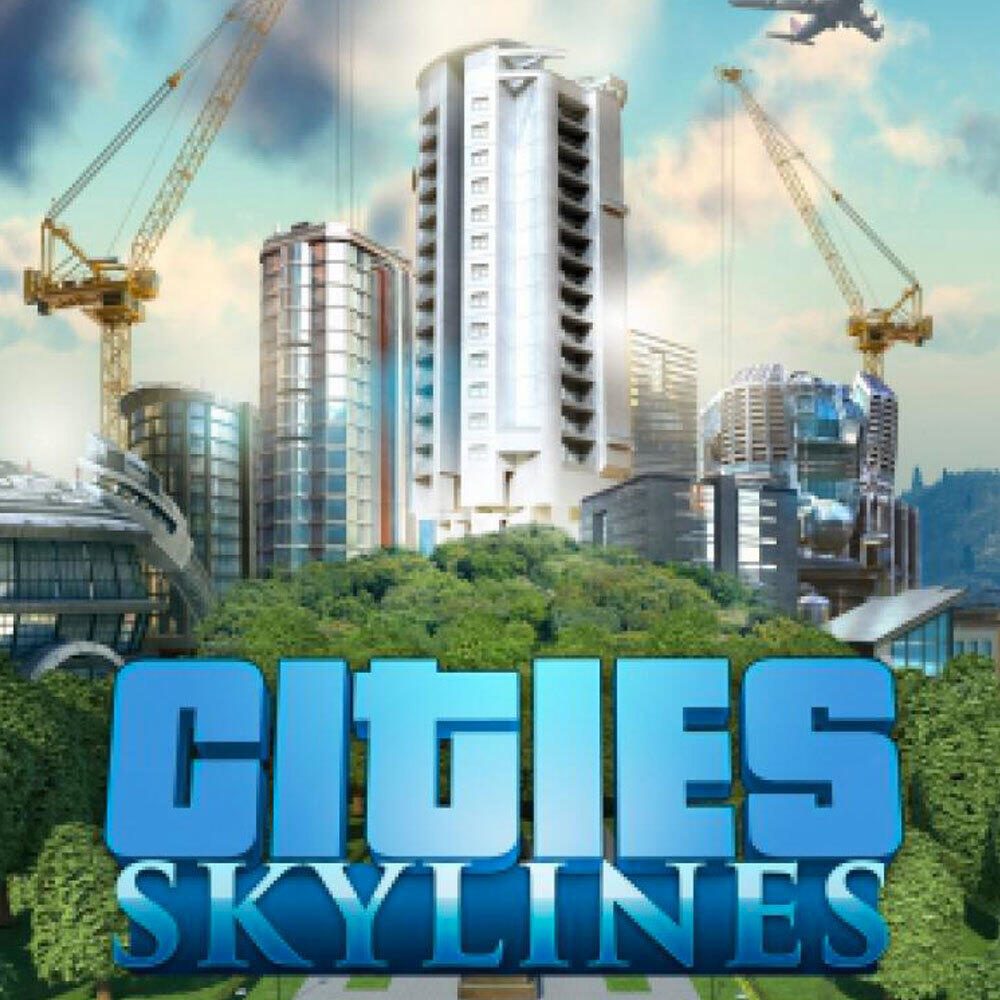 Okładka gry Cities: Skylines. Widoczne wysokie budynki i dźwigi, z krajobrazem miejskim i zielonymi drzewami.