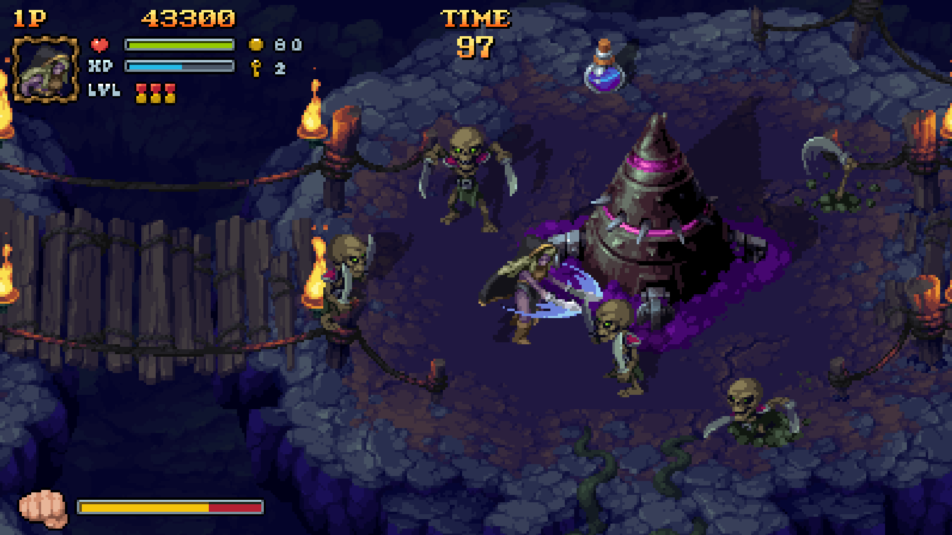 Scena z gry w pikselach. Postacie walczą ze szkieletami w lochu.