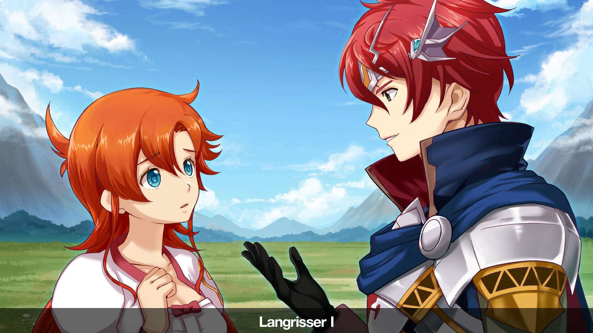 Personnages d'anime, une femme rousse et un homme aux cheveux roux, dans une scène animée. Texte : Langrisser I.