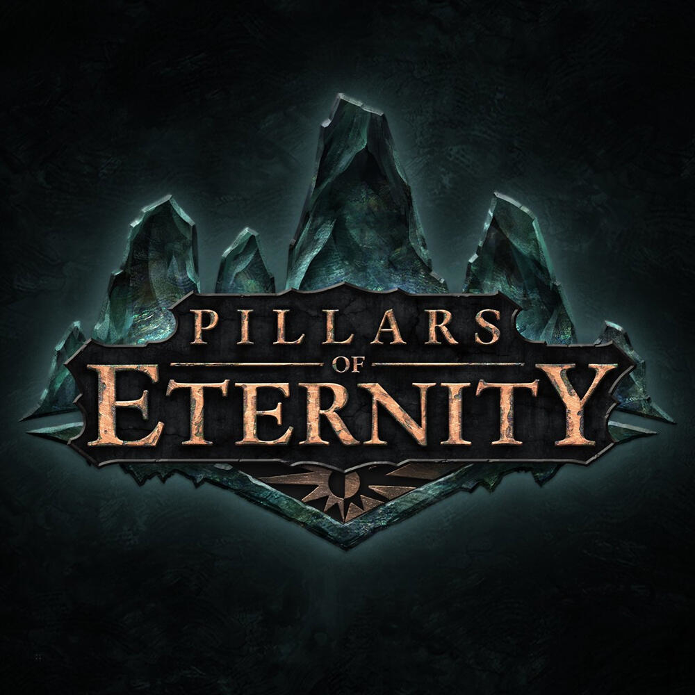 Spielelogo: "PILLARS OF ETERNITY" in kunstvoller Schrift, mit Berg- und Sonnendesign auf dunklem Hintergrund.