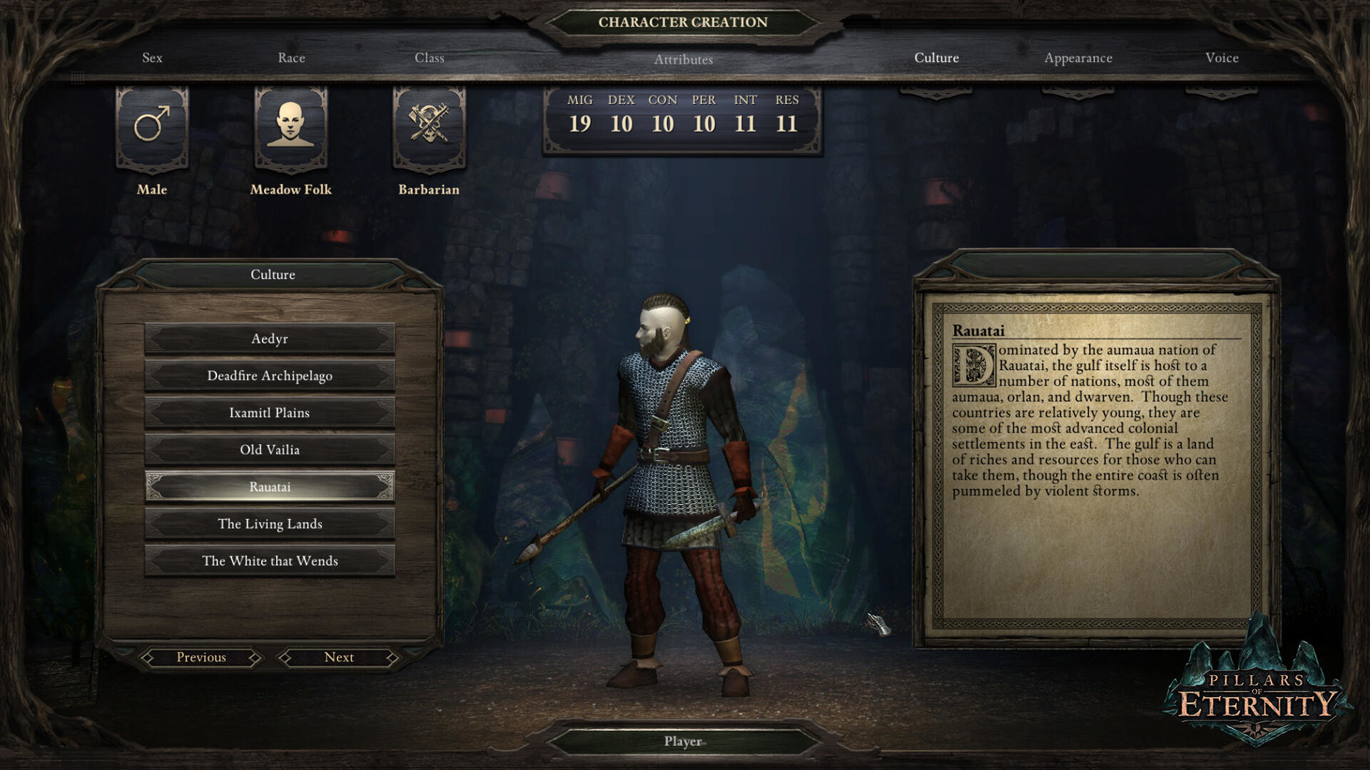 Charaktererstellungsbildschirm von Pillars of Eternity. Zeigt einen männlichen Barbaren und Anpassungsoptionen.