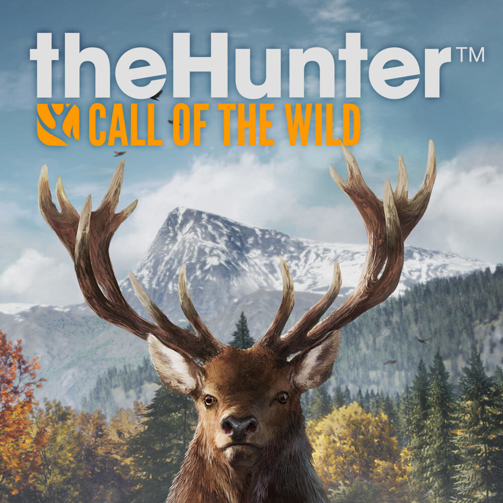 Spielelogo: "theHunter™ CALL OF THE WILD" über einem Hirschkopf mit großem Geweih, Berge im Hintergrund.