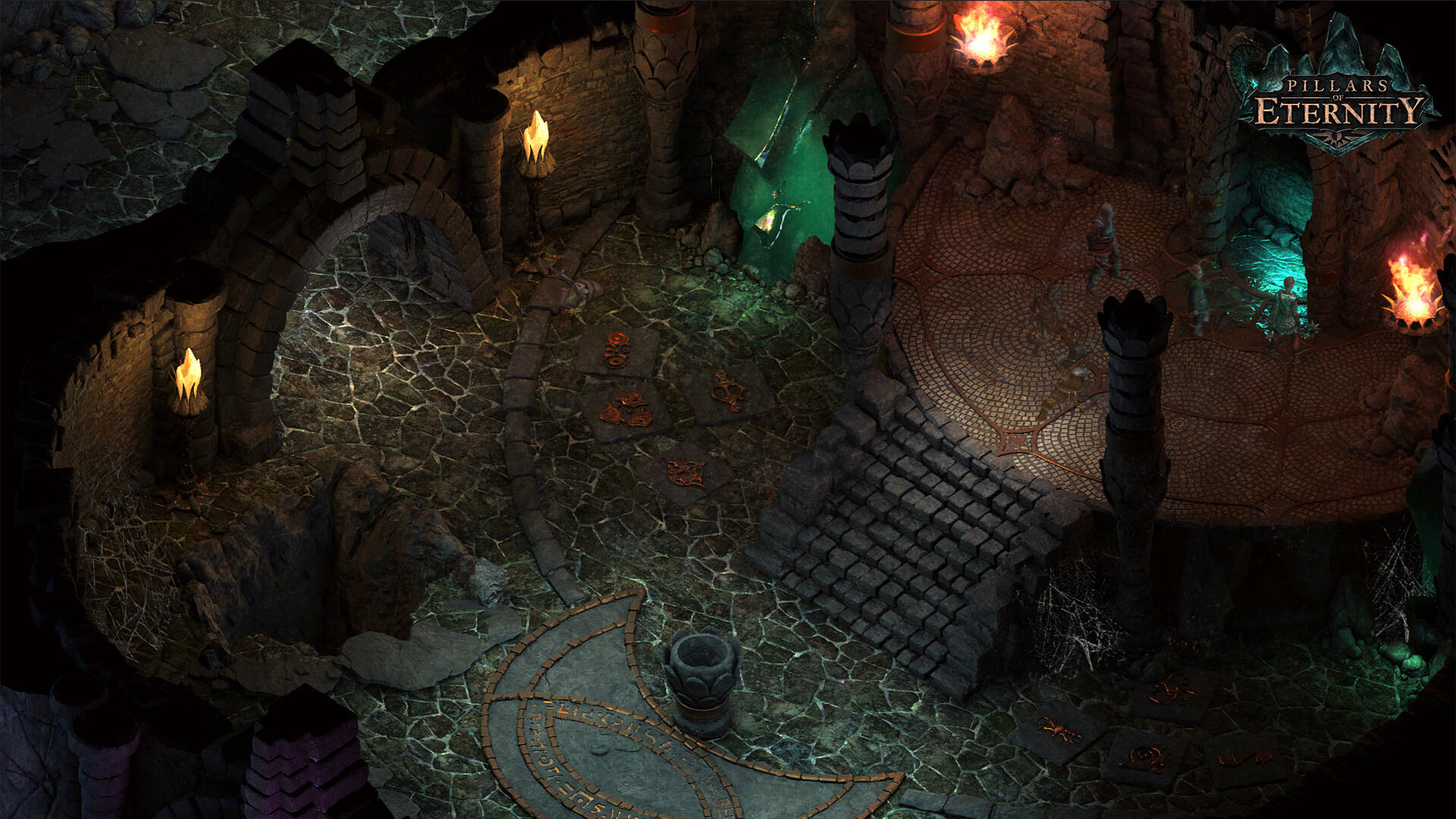 Dungeon-Innenraum mit Figuren und leuchtenden Elementen. Pillars of Eternity-Logo rechts oben.