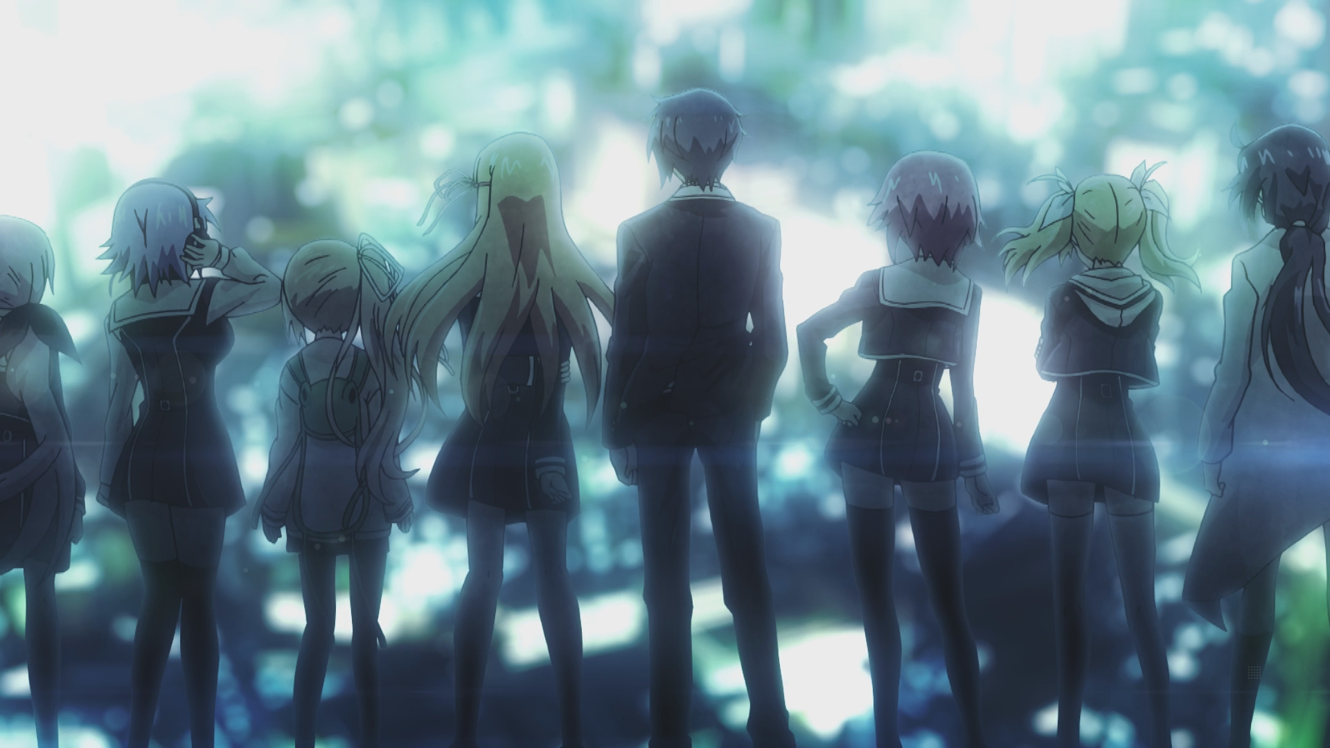 Gruppe von Anime-Charakteren, die zusammen stehen, vom Betrachter abgewandt, in Richtung eines hellen Lichts.