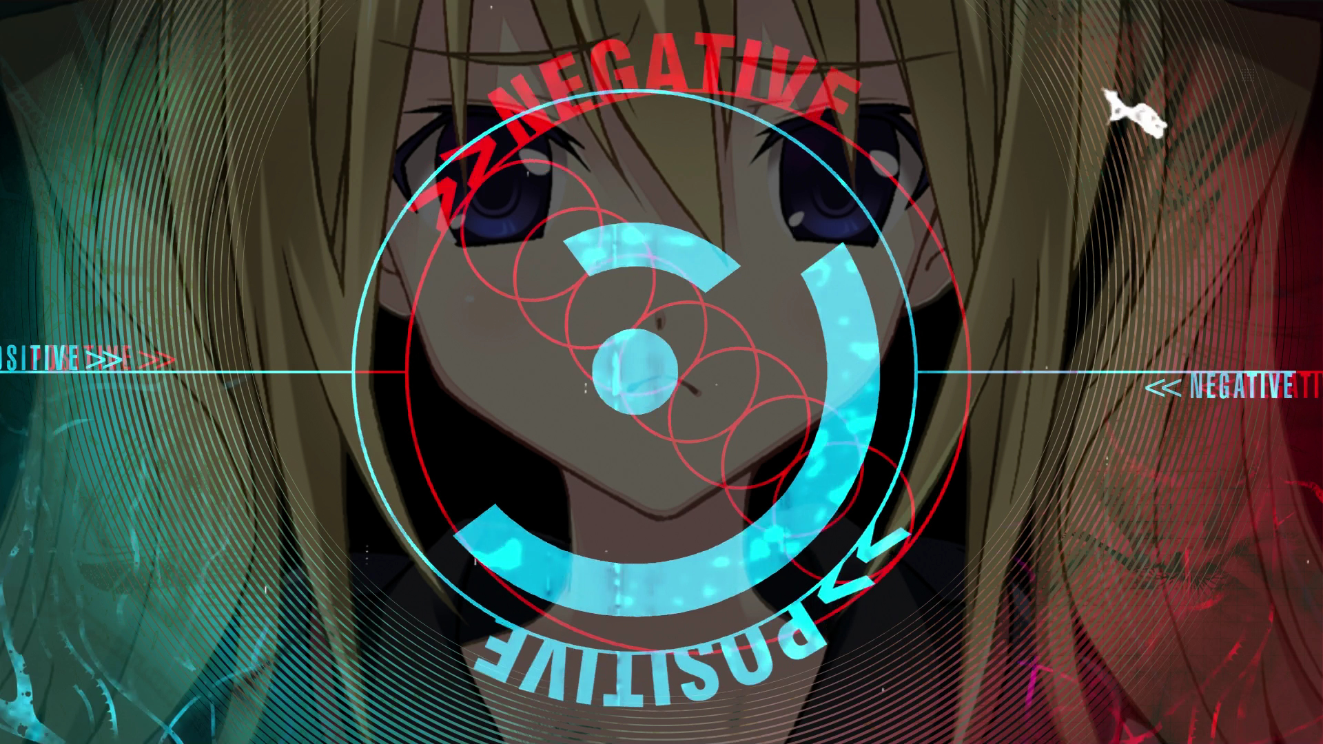 Anime-Mädchen mit blonden Haaren und einer blauen kreisförmigen Grafik mit Text über ihrem Gesicht.