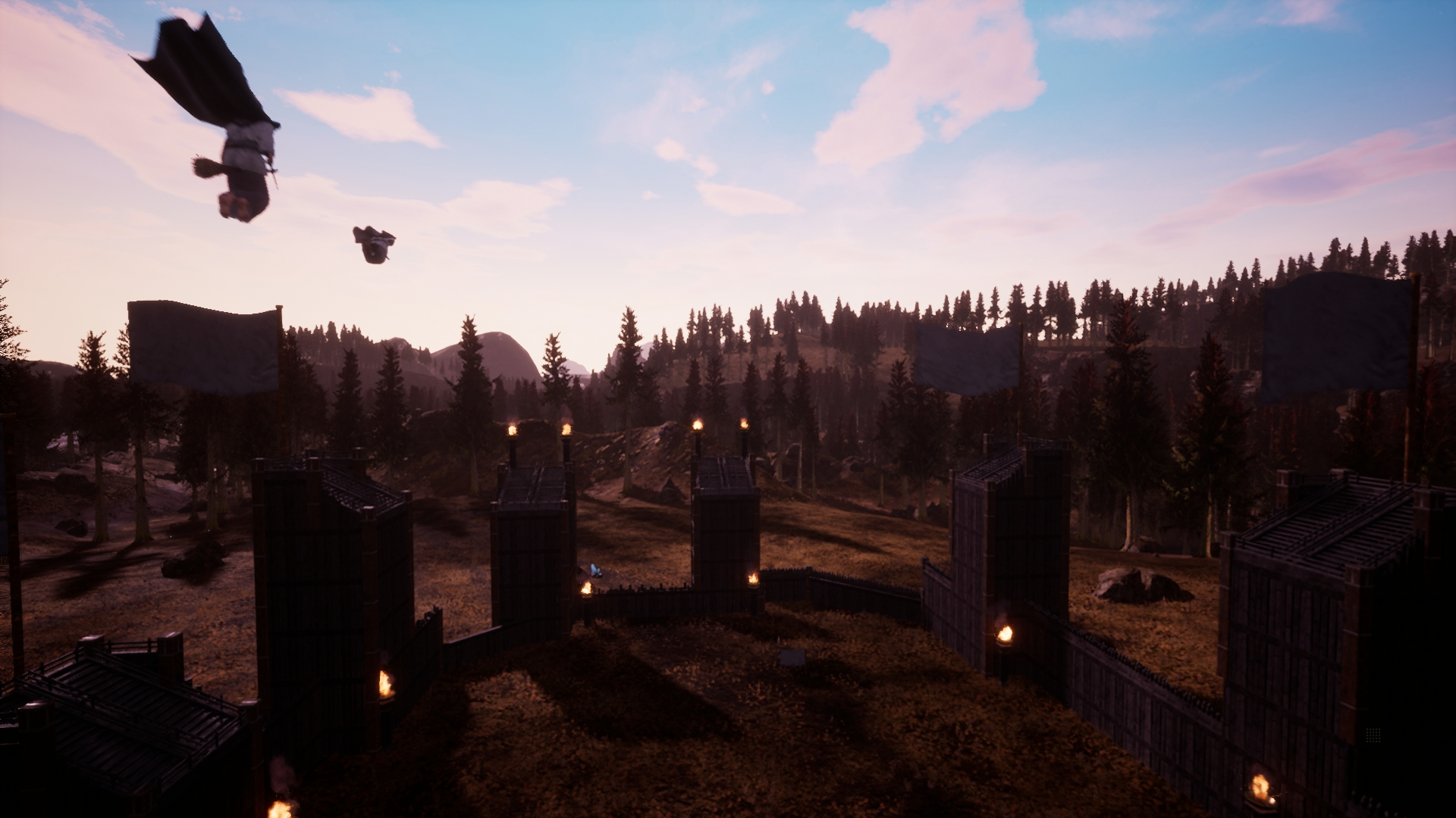 Zamek z flagami i wieżami. Latające czarownice są na niebie. Tło stanowi zachodzące słońce.