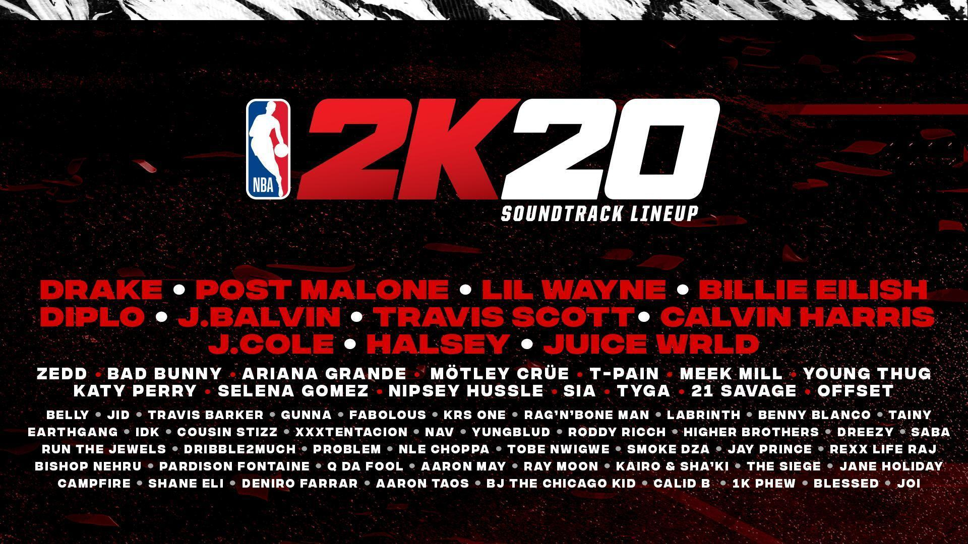 Wyświetlana jest lista utworów z ścieżki dźwiękowej NBA 2K20. Nazwiska artystów są napisane na czerwonym tle.