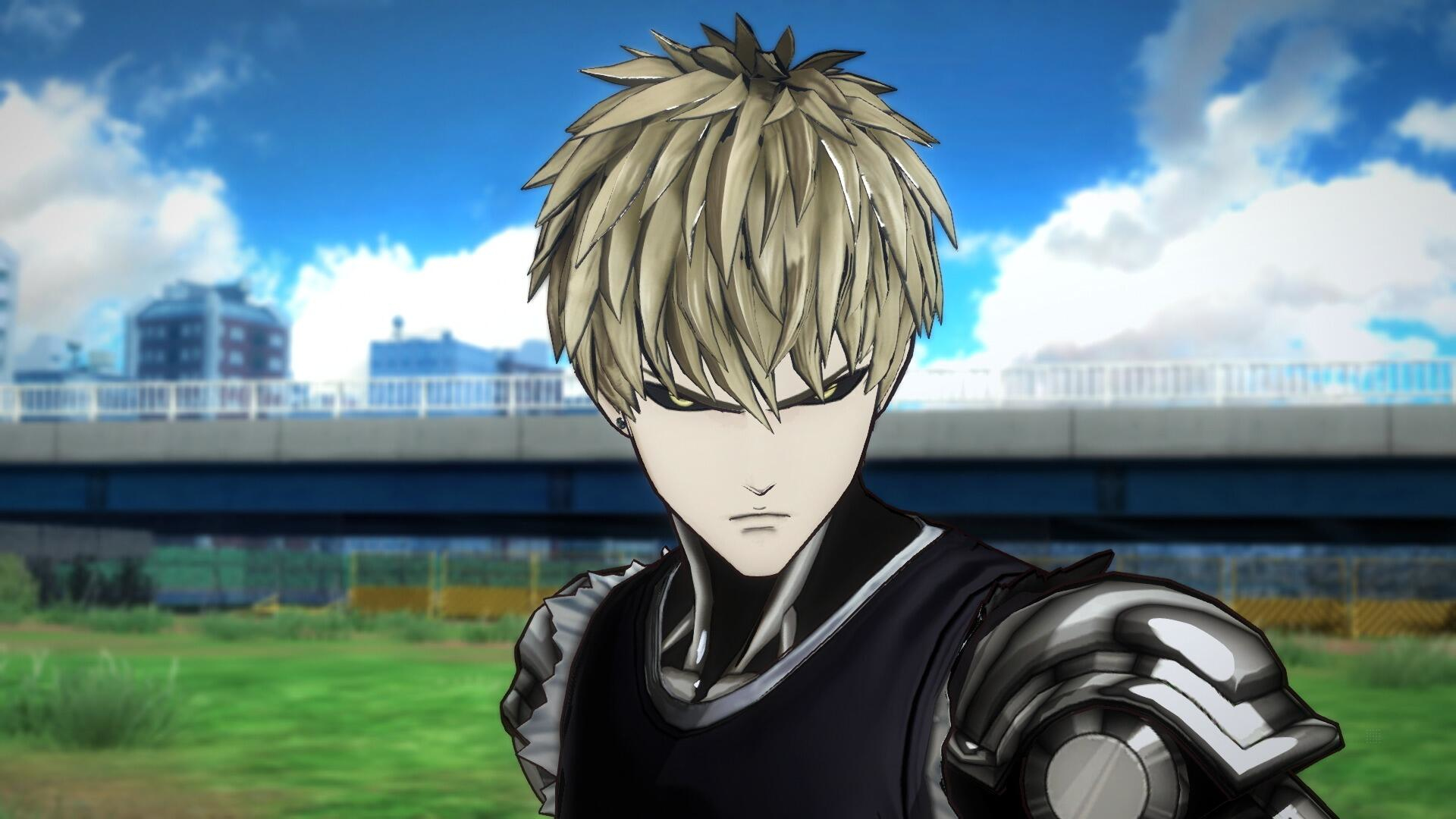 Anime-Charakter mit blonden Haaren, ernstem Gesicht, schwarzem Outfit und Metallarmen vor einer Brücke.
