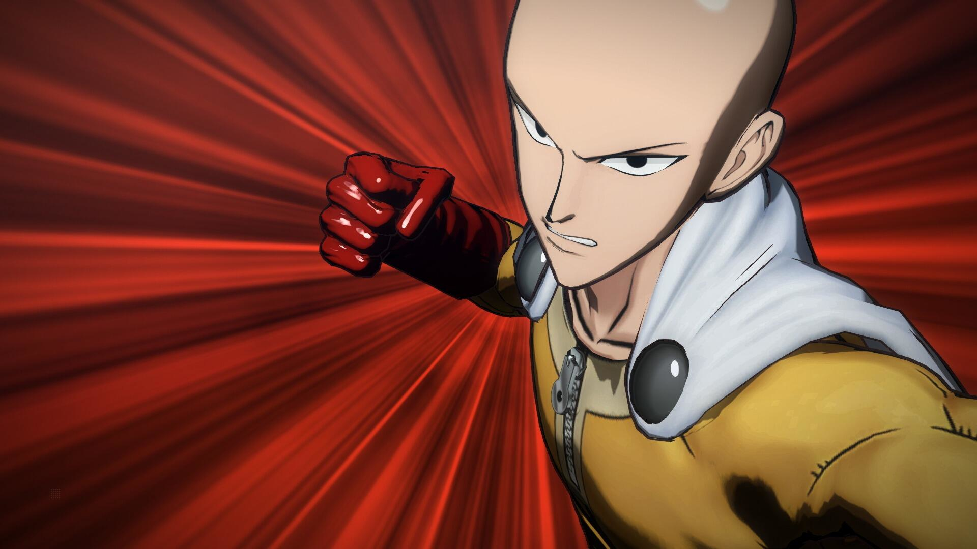 Anime-Charakter mit Glatze, ernstem Gesicht, gelbem Anzug, rotem Hintergrund, Action-Pose.