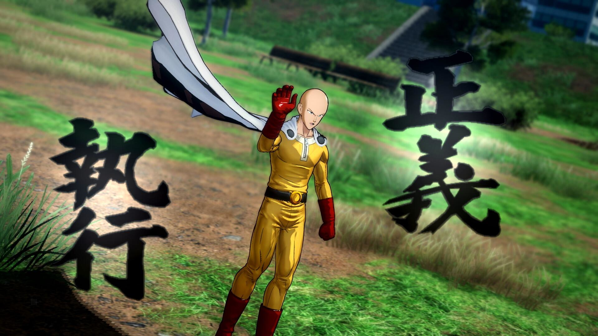 Saitama von One Punch Man. Er trägt einen gelben Anzug und hat einen ernsten Gesichtsausdruck.