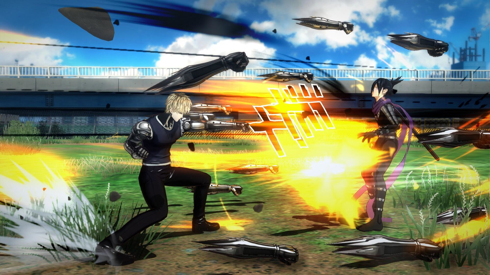 Anime-Kampfszene, zwei Charaktere in Aktion, Energieexplosionen, grünes Feld.