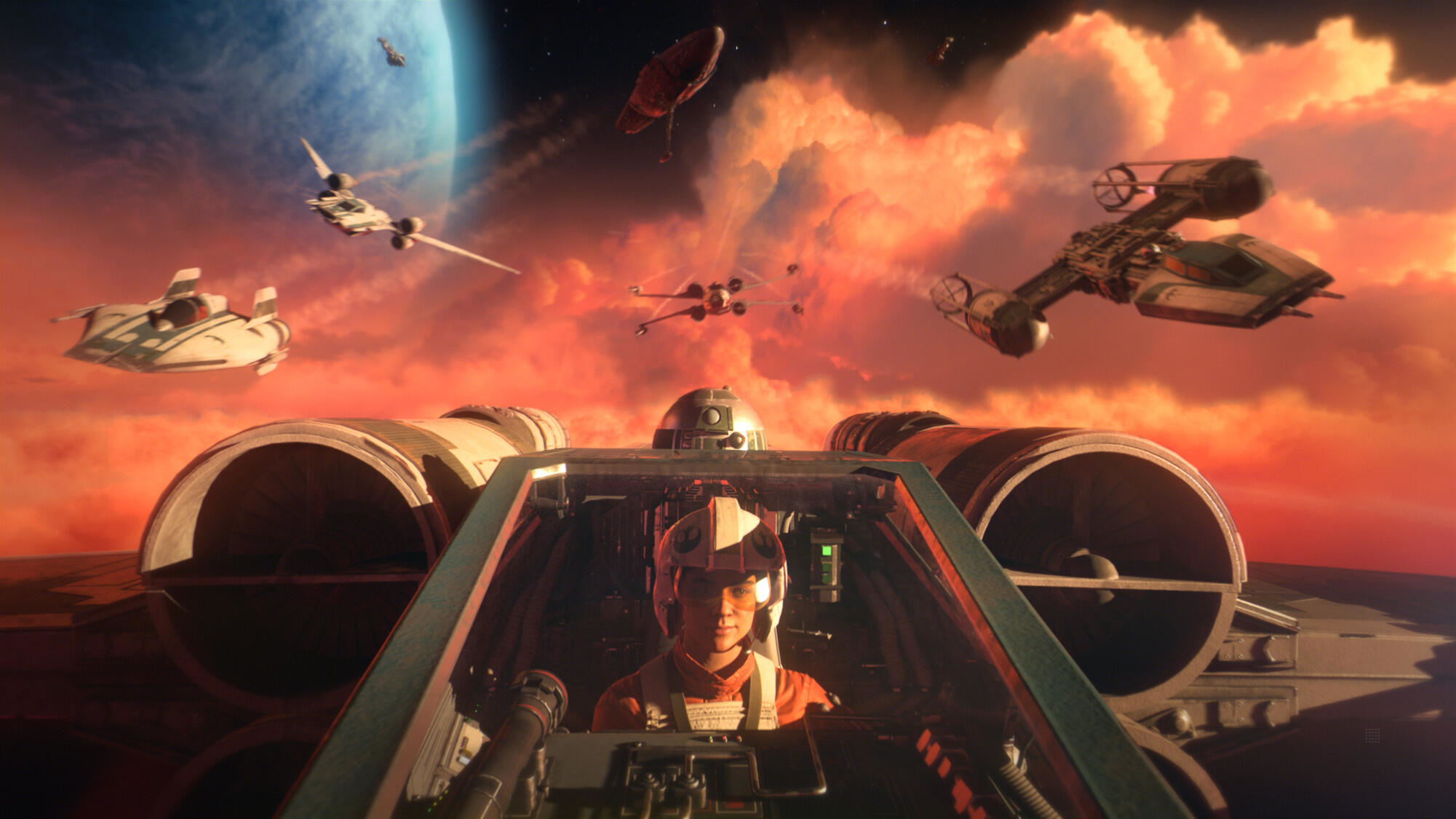 Star Wars Szene: X-Wings und andere Schiffe fliegen in einem feurigen Himmel. Ein Pilot blickt aus einem Cockpit.