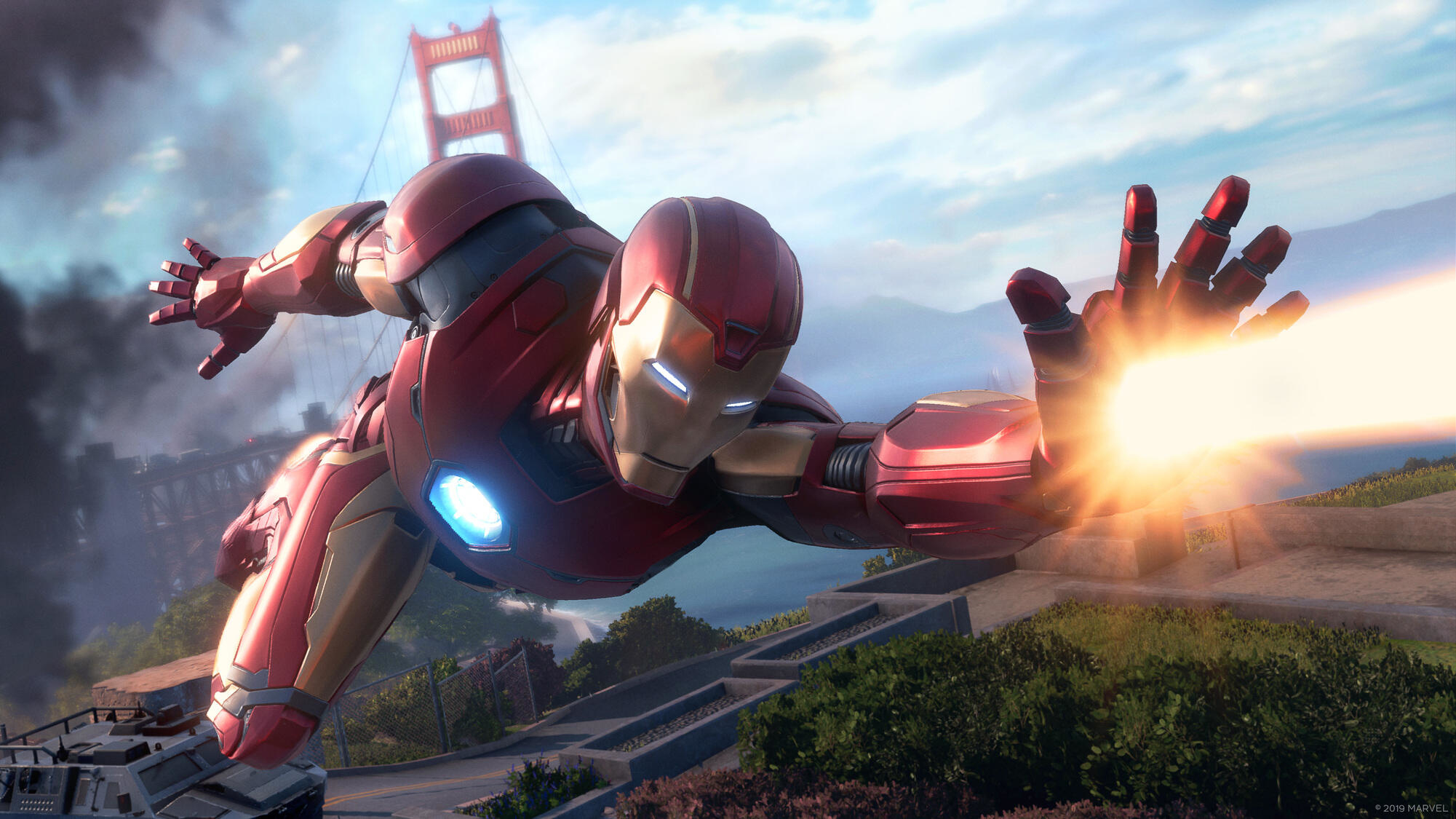 Iron Man fliegt, mit goldener Rüstung und Hand-Repulsor, der Lichtstrahlen abschießt.