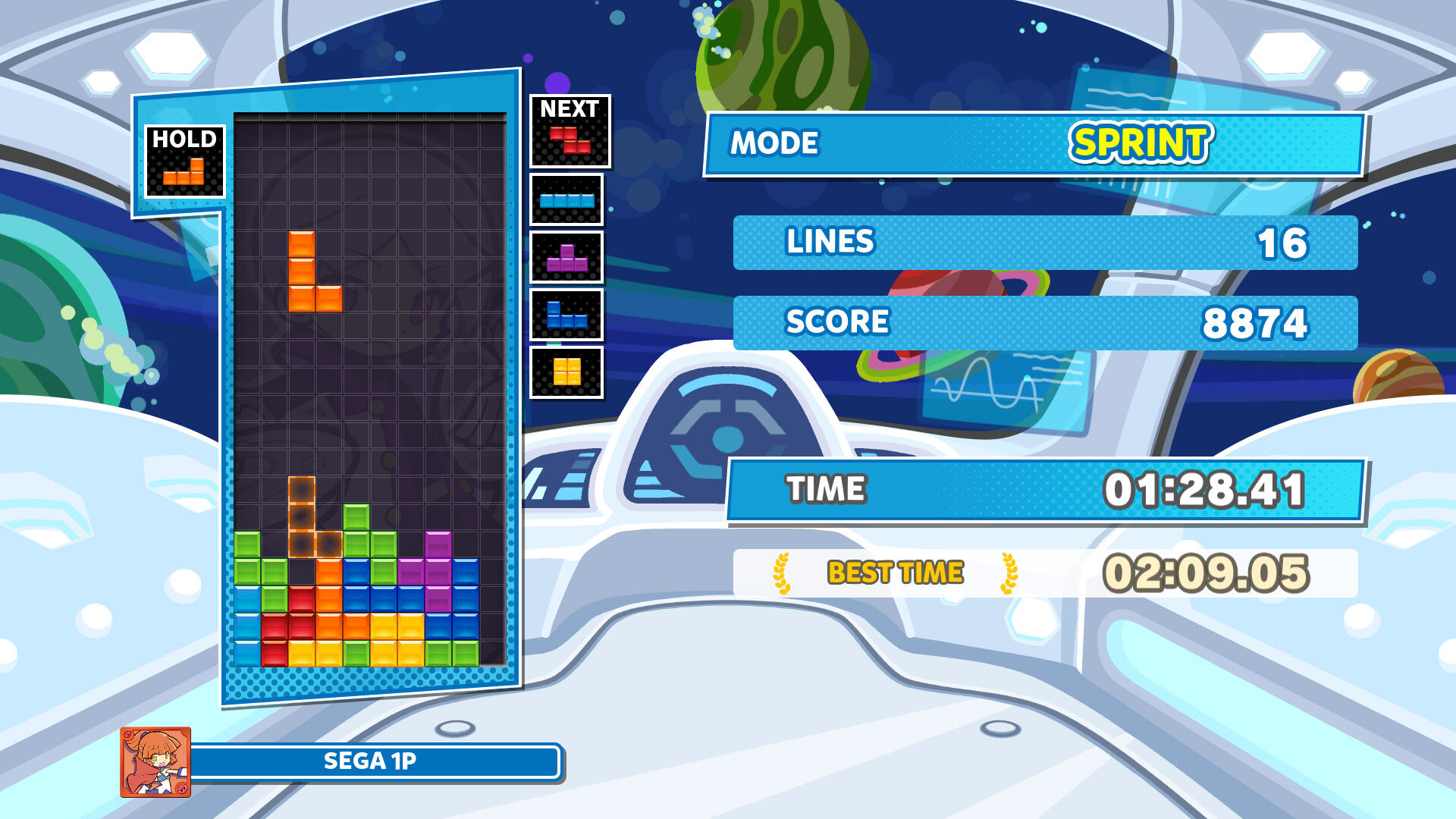 Tetris-Spieloberfläche. Punkte, Zeit und Spielmodus werden angezeigt. Blöcke sind im Spielbereich angeordnet.