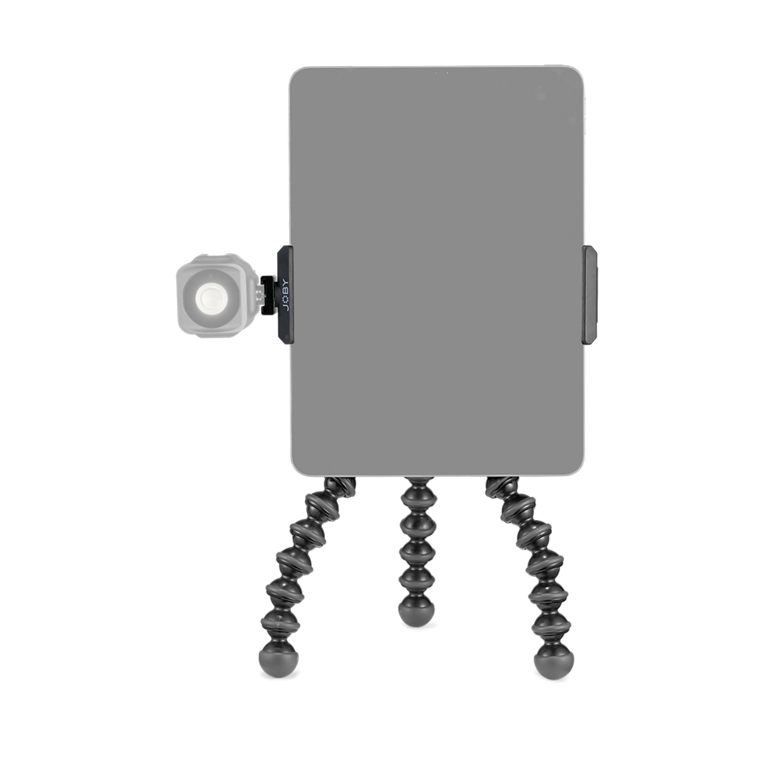 Un tablet montato su un treppiede flessibile con una piccola luce attaccata al lato.