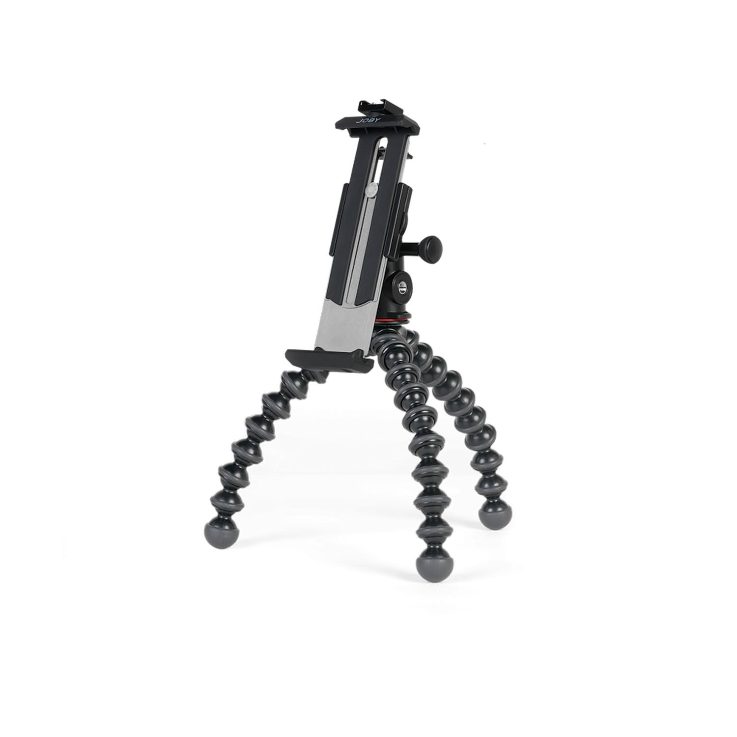 Treppiede Joby nero. Gambe flessibili con perline di gomma grigie. Testa nera con supporto per telefono.